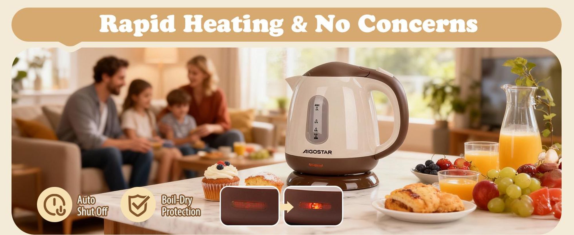 Aigostar Romeo 1100W Elektrischer Wasserkocher 1L, beige/braun, BPA-frei