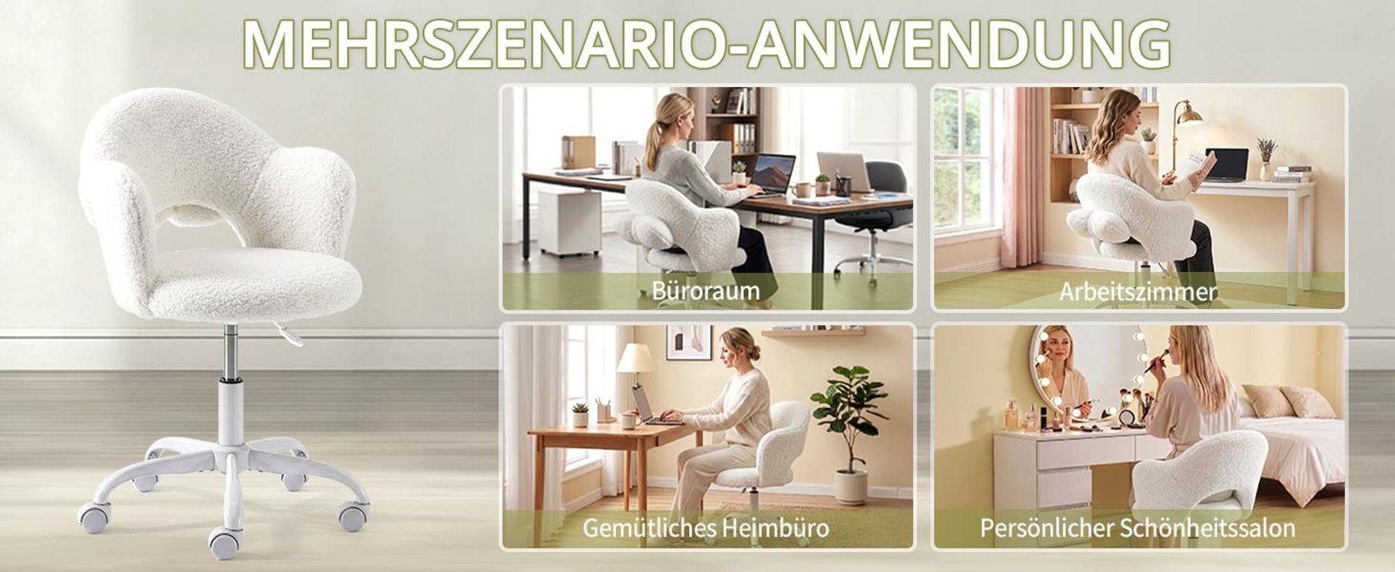 Alightup Drehstuhl in Blütenform mit Lendenkissen,Schreibtischstuhl, Gasfeder, Bezug aus Lammfellstoff, 1 Stück, 59×57×76‑85,5 cm, 360°, Weiß