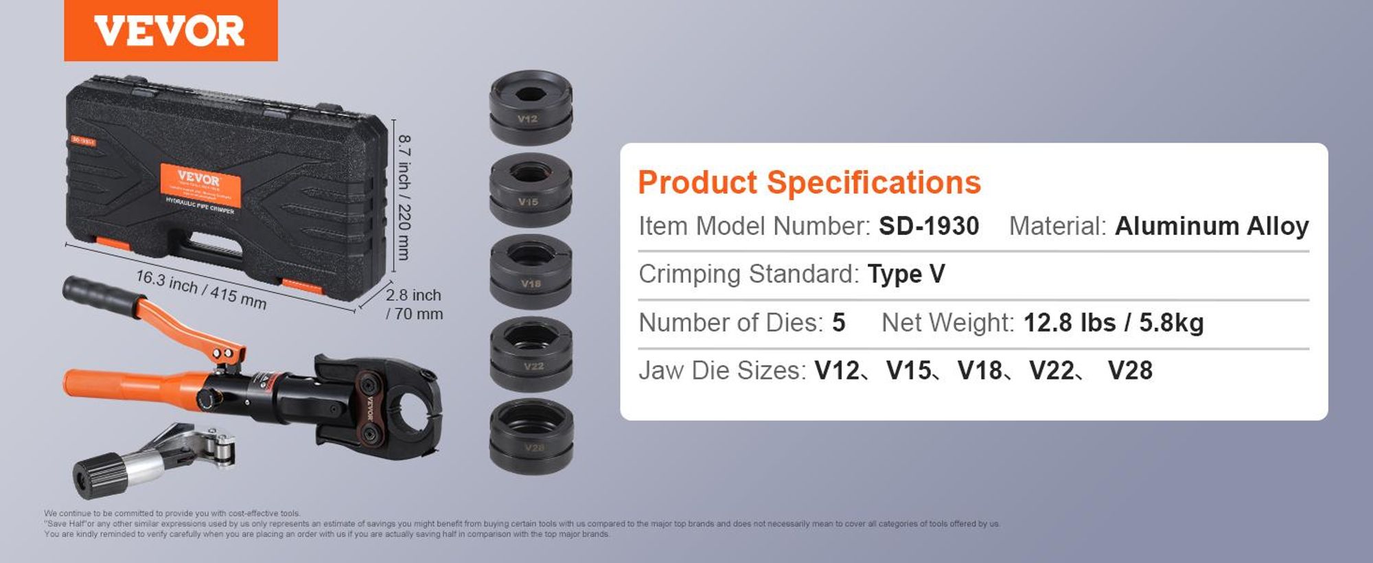 VEVOR Hydraulisches Rohr-Crimpwerkzeug für Kupferrohrverbindungen, Presszange mit V12, V15, V18, V22, V28 Schnellwechselbacken, 360° drehbares Pressset für T-Verbindungen auf engstem Raum