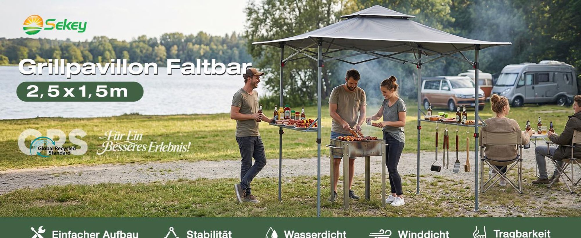 Sekey Grillpavillon 250x150 cm faltbar Garten Pavillon Wasserabweisend UV50+, Grau