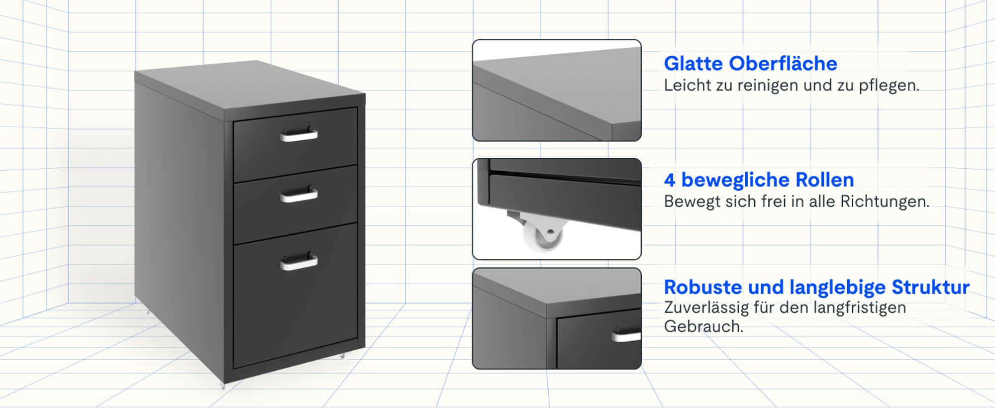 FLEXISPOT Rollcontainer Büroschrank mit 3 Schubladen, Aktenschrank Metallschrank Kommode mit Rädern, Unterschrank für Zuhause und Büro (Schwarz)