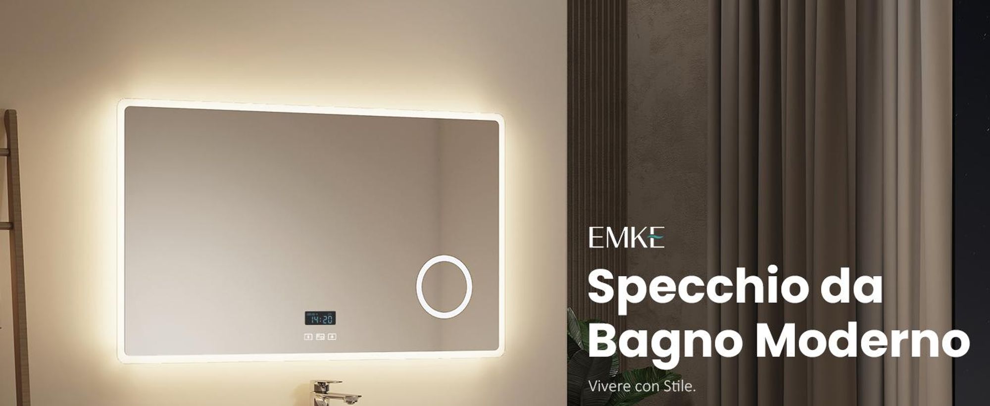 EMKE Specchio da bagno con ingrandimento 3X Interruttore touch 3 colori di luce Dimmerabile Orologio antiappannamento Bluetooth 80X60cm
