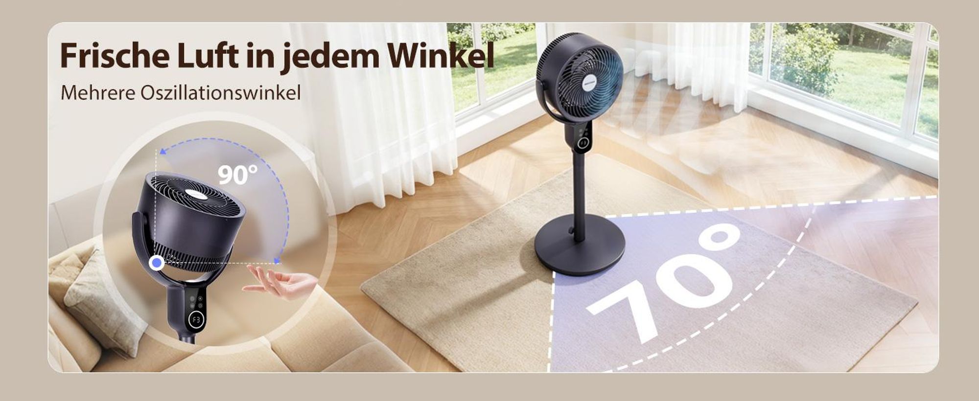 Aigostar 2-in-1 Luftumwälzer Standventilator, DC-Motor, 3D-Oszillation, 8 Stufen, leise 23dB, 12H-Timer, Fernbedienung, höhenverstellbar 80-105cm
