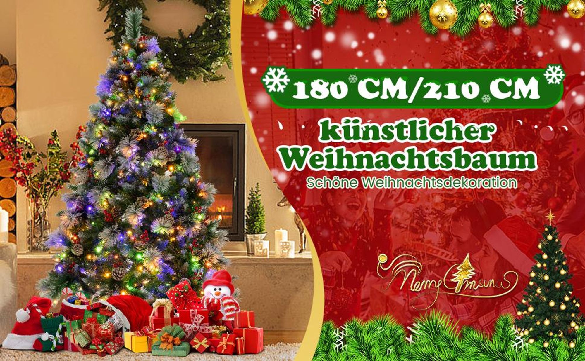 COSTWAY 180cm Künstlicher Weihnachtsbaum LED, beleuchteter Tannenbaum mit Kiefernzapfen & roten Beeren & Metallständer, 11 Lichtmodi, Christbaum PVC Kunstbaum Weihnachten, grün