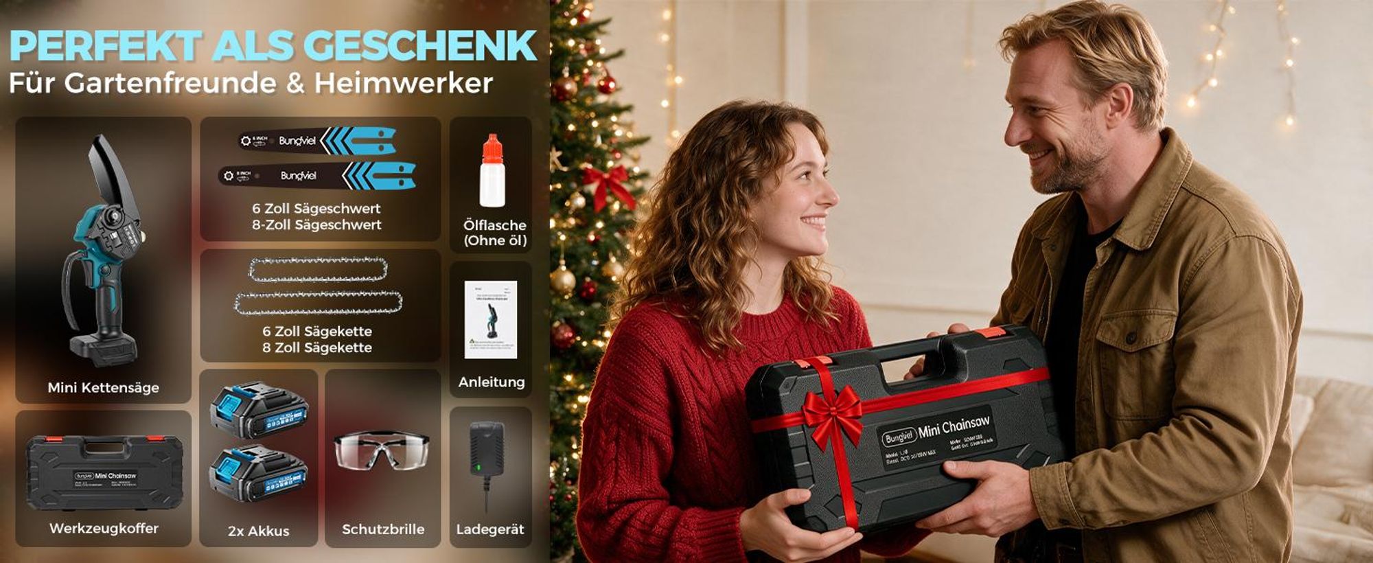 6+8 Zoll Akku-Kettensäge 2x 21V 2000mAh, mini kettensäge mit akku & bürstenlosem Motor,inkl. 2 Akkus, Ladegerät &  Ersatzketten