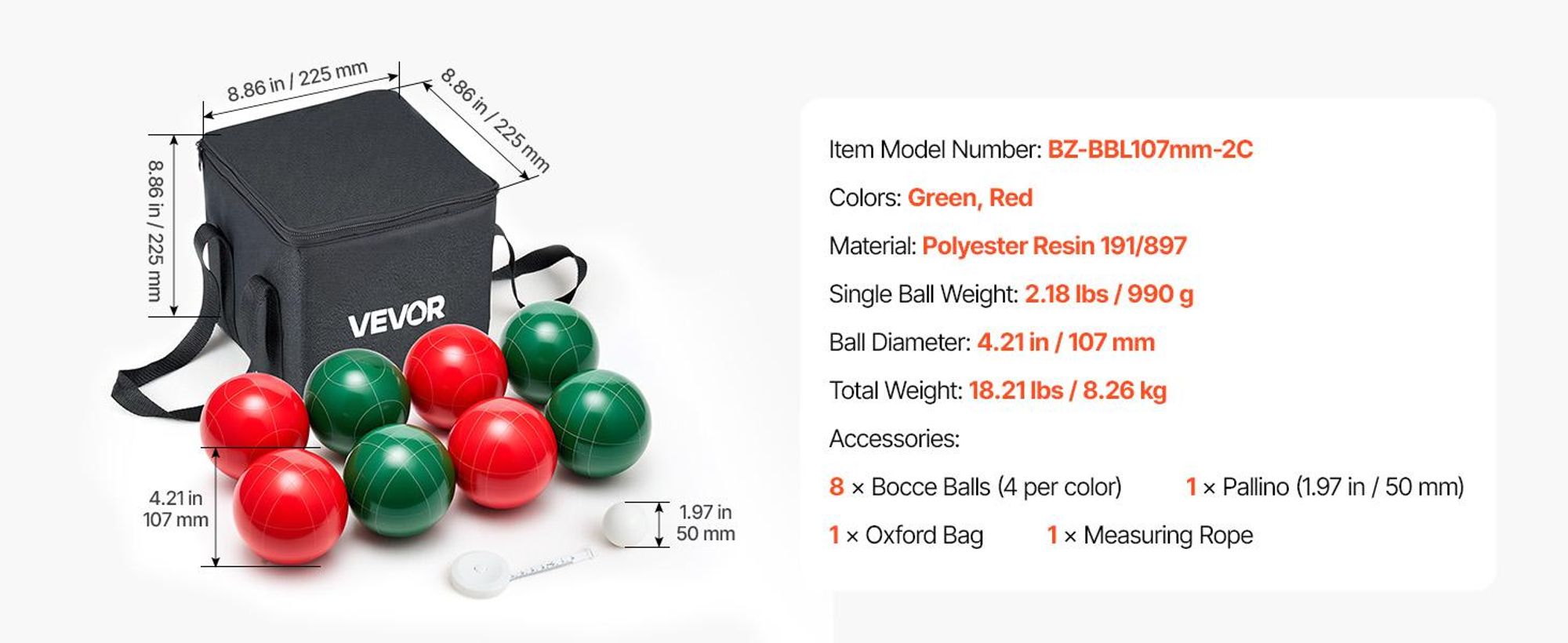 VEVOR Bocce Ball Set, 107 mm, mit 8 Harzkugeln, Pallino, Tragetasche und Maßband, Rot und Grün 2 Farben, für 2 bis 8 Spieler, Bocce Ball Spielset für Strand, Rasen, Familiengarten, im Freien, 2 Farben, 107 mm