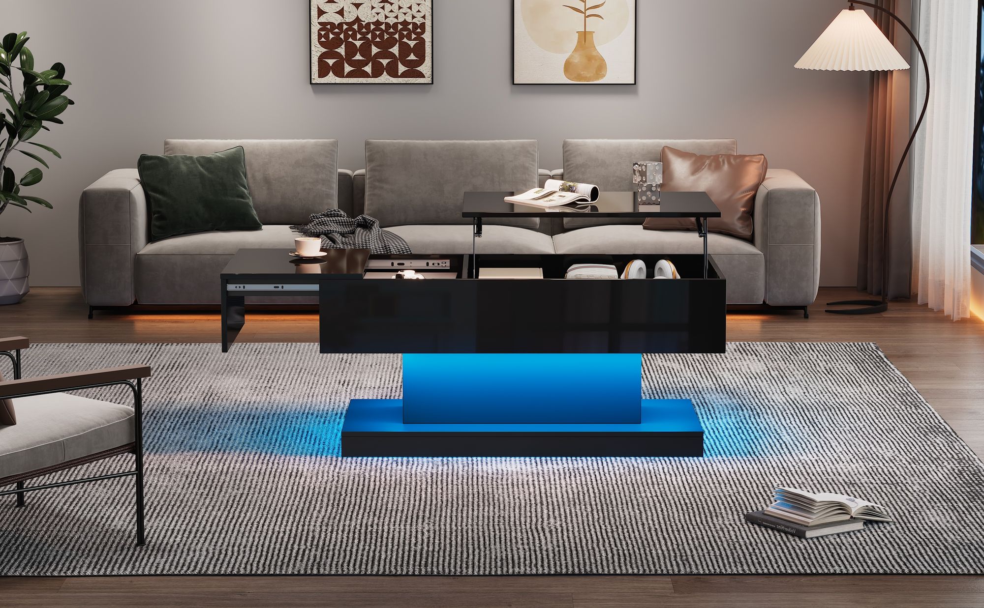 MODFU Couchtisch Wohnzimmertisch LED für Wohnzimmer, Schlafzimmer, Hochglanz-Lift-Teetisch Beistelltisch- hydraulischer Lift und Stauraum, Schwarz