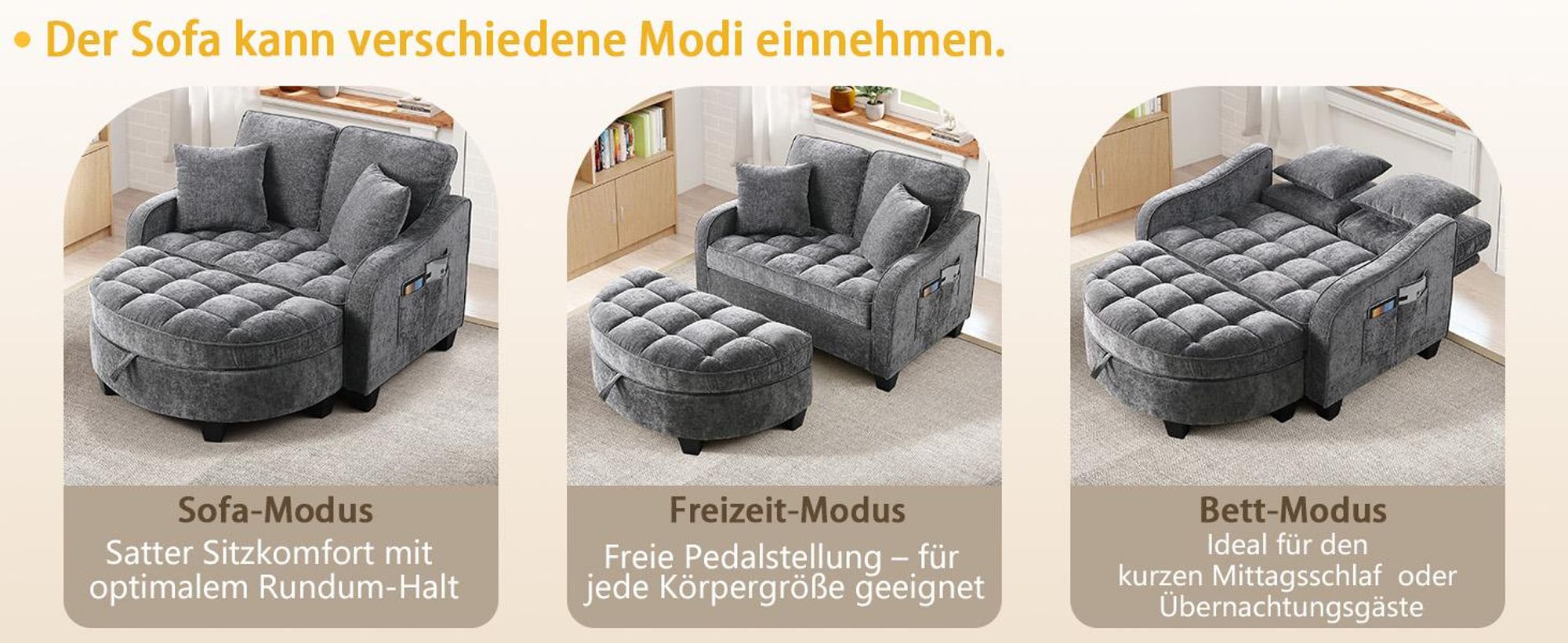 MODFU Multifunktionales Sofa Schlafsofa mit Aufbewahrungs-Hocker,Relaxsofa mit rutschfeste Kunststoffbeine,Dunkelgrau