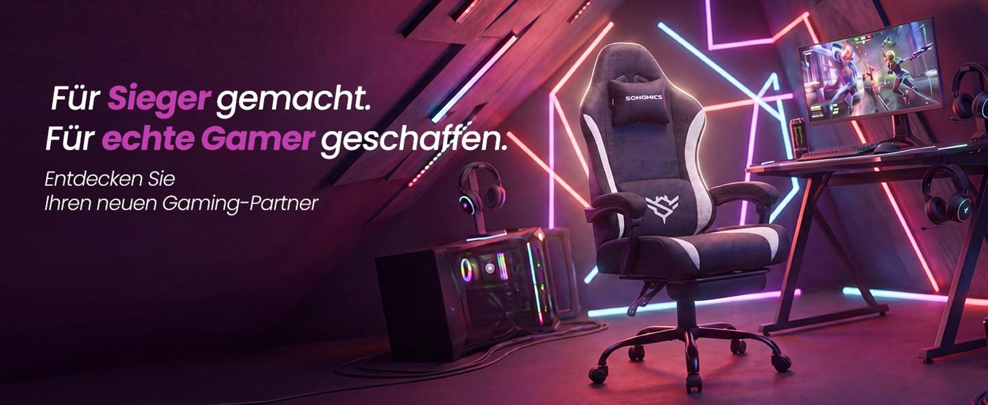 SONGMICS Gaming Stuhl, Ergonomischer Bürostuhl aus Polyester, mit Fußstütze und Lendenkissen, 135° Neigung, 70 x 70 x (120-130) cm, Schwarz und Weiß