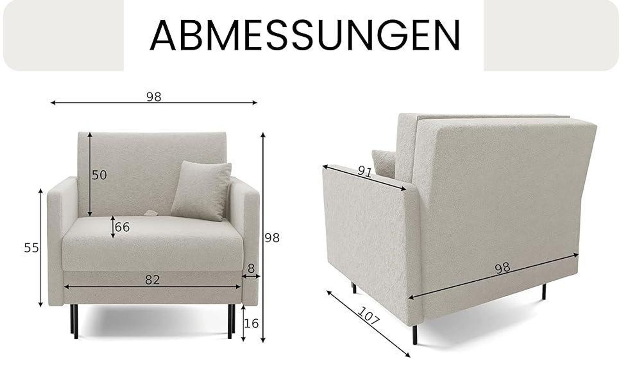 LIKMA Mara Schlafsessel 1-Sitzer 98x98x107 cm Weiß ausklappbar mit Bettfunktion 80x188 cm Sesselbett mit Stauraum und Kissen