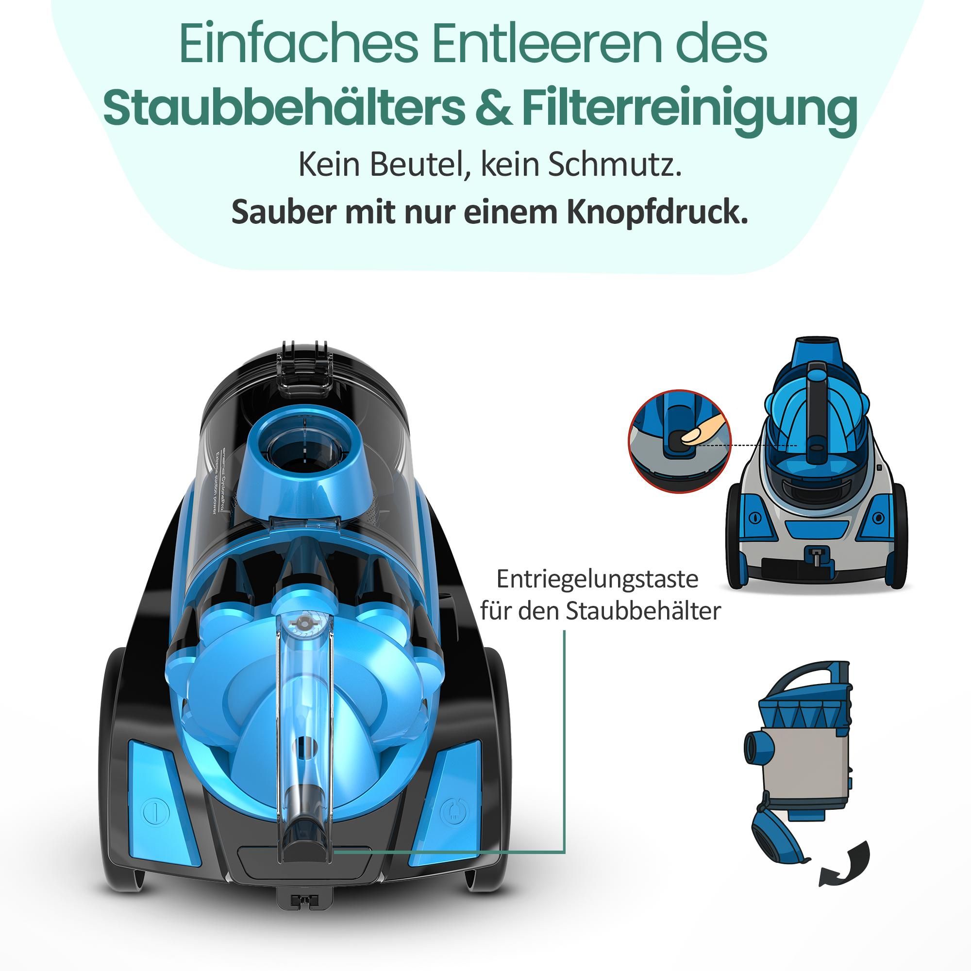 Emerio Staubsauger ohne Beutel – 2 Liter – HEPA-Filter – Kabellänge 4,5 m – Hochleistungsbürste – 700 W – VCE-108278.10 – Schwarz / Blau