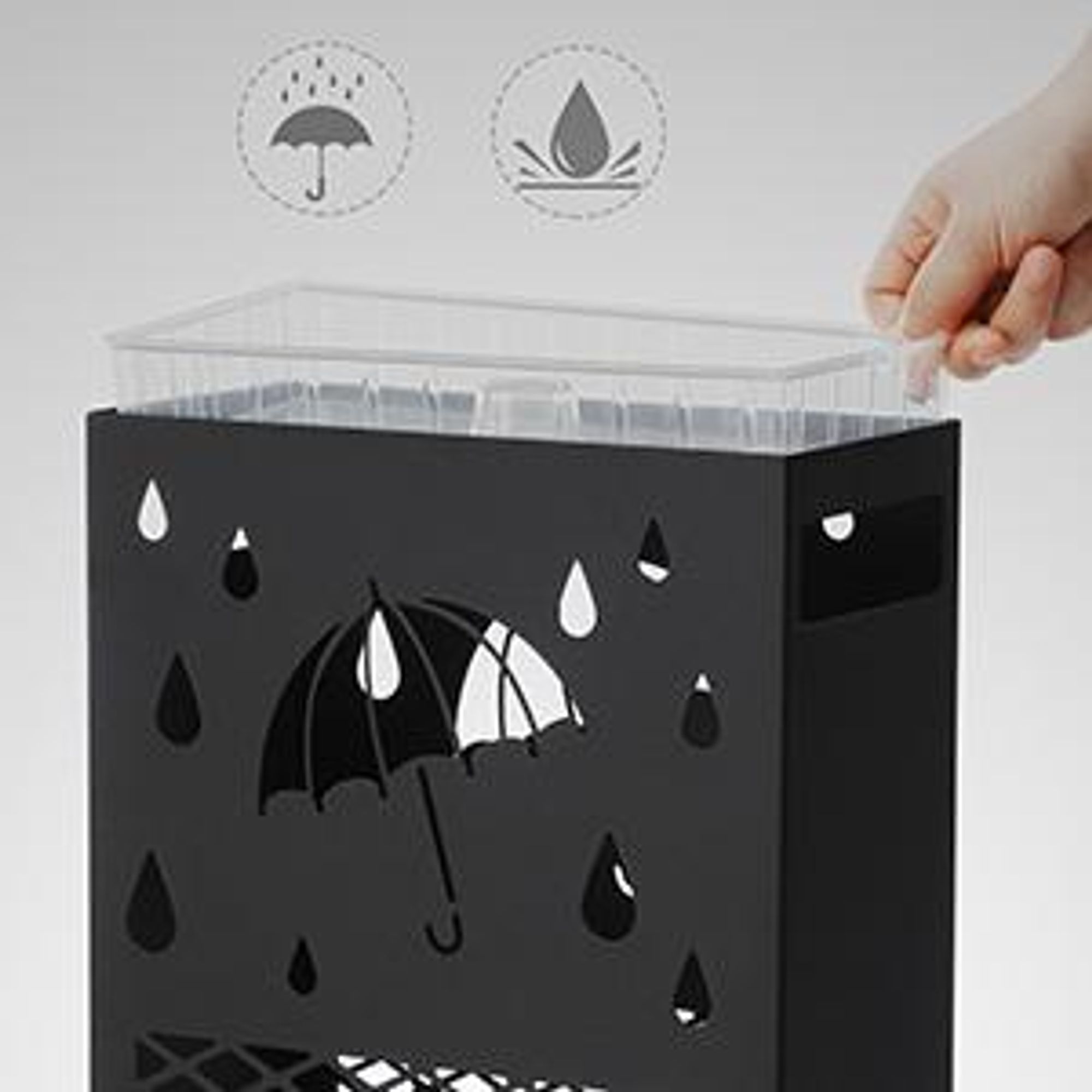 SONGMICS Regenschirmständer aus Metall, Schirmständer, rechteckig, mit einer herausnehmbaren Wasserauffangschale, 4 Haken, Cutout-Design