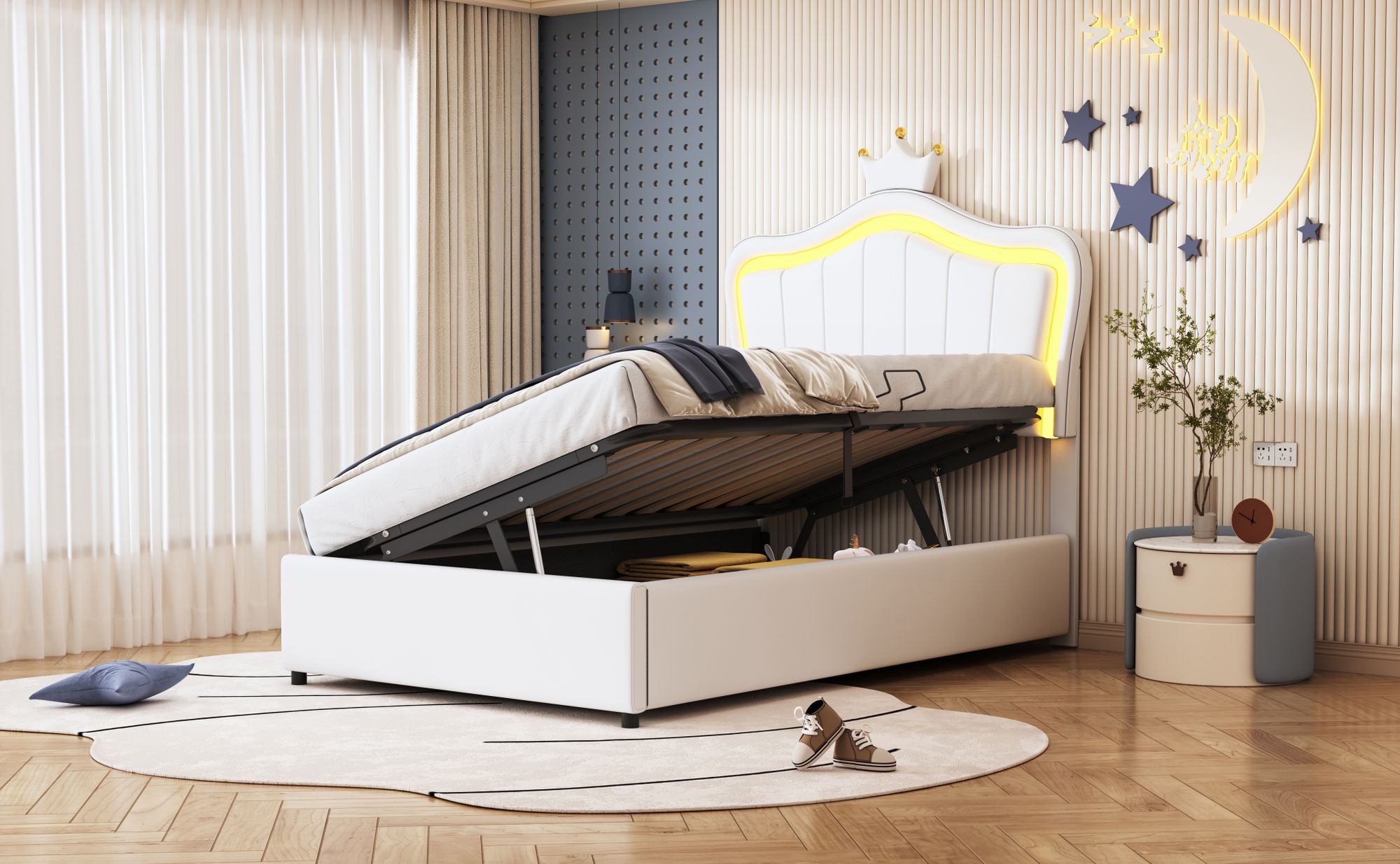 Merax Polsterbett 90x200cm mit LED und Lattenrost, Kinderbett mit Kronendesign, Hydraulisches Stauraumbett mit höhenverstellbarem Kopfteil, Kunstleder