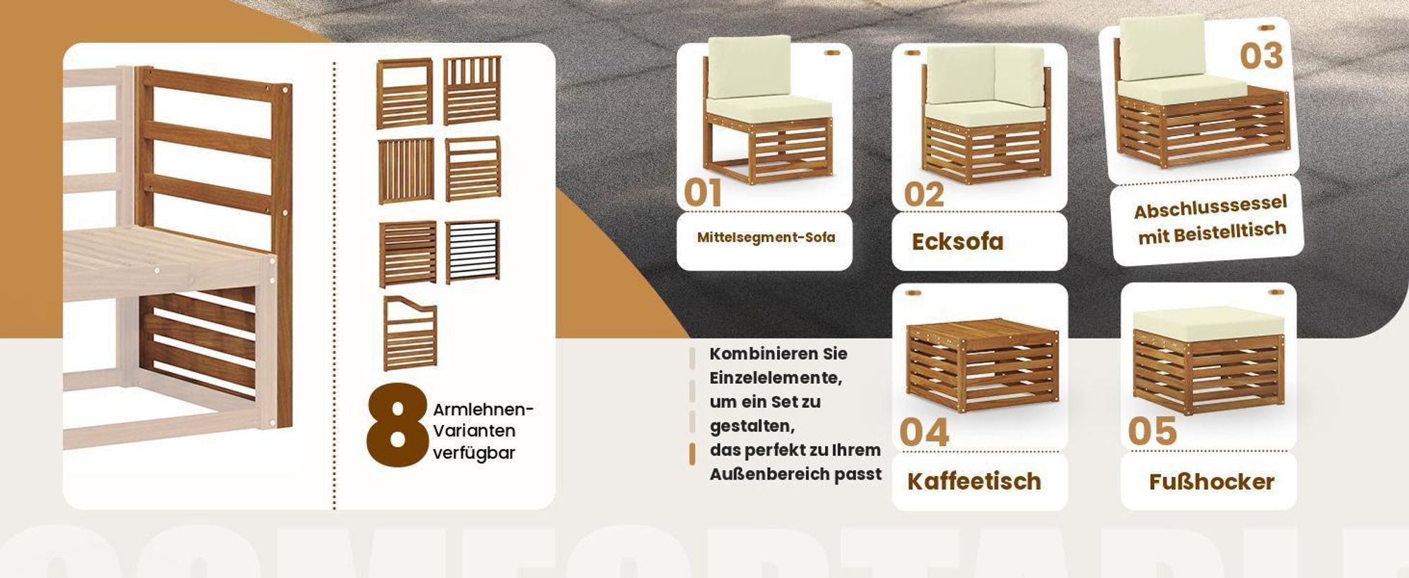 vidaXL Outdoor-Sofagarnitur mit Kissen 3 pcs Natur und Anthrazit