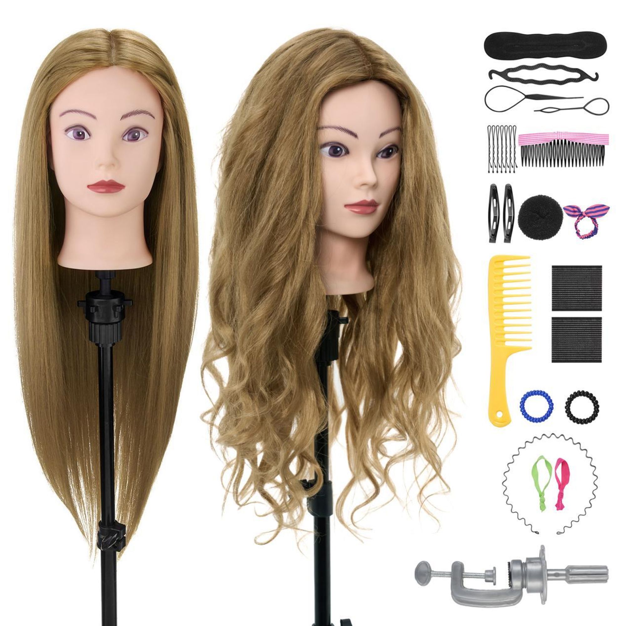 Frisierkopf Übungskopf 80 % Echthaar mit Stativ – Friseurkopf Friseurpuppe – inkl. Styling-Zubehör – Dunkelblondes Haar – 70 cm