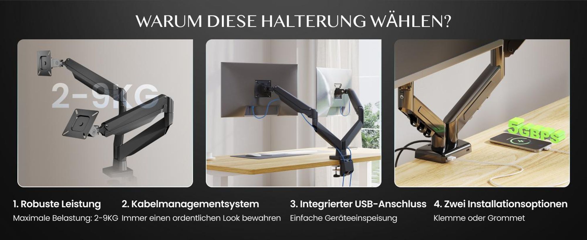 FLEXISPOT MA5 Dual Monitorhalterung 17–32 Zoll für 2 Monitore, 3–9 kg pro Arm, 360° drehbar & -90° bis +15° neigbar, 3-Schritt-Montage
