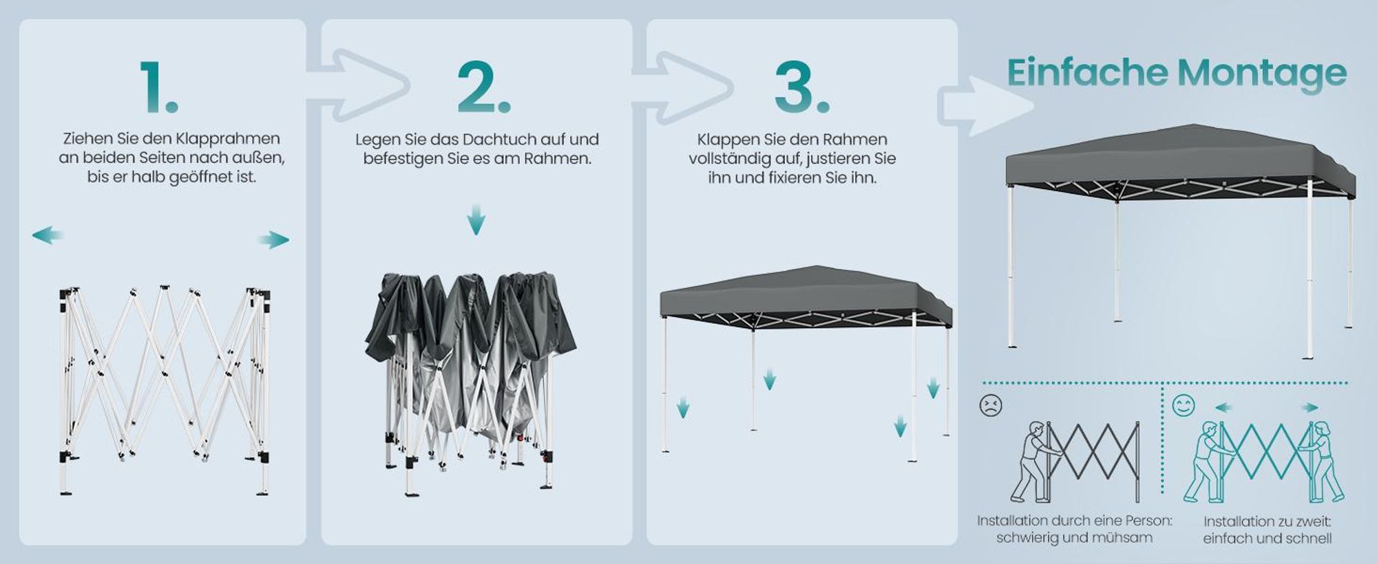 SONGMICS Faltzelt 3 x 3 m, stabil, tragbar, Pavillon für Garten, Hof, Markt, Sonnenschutz, grau