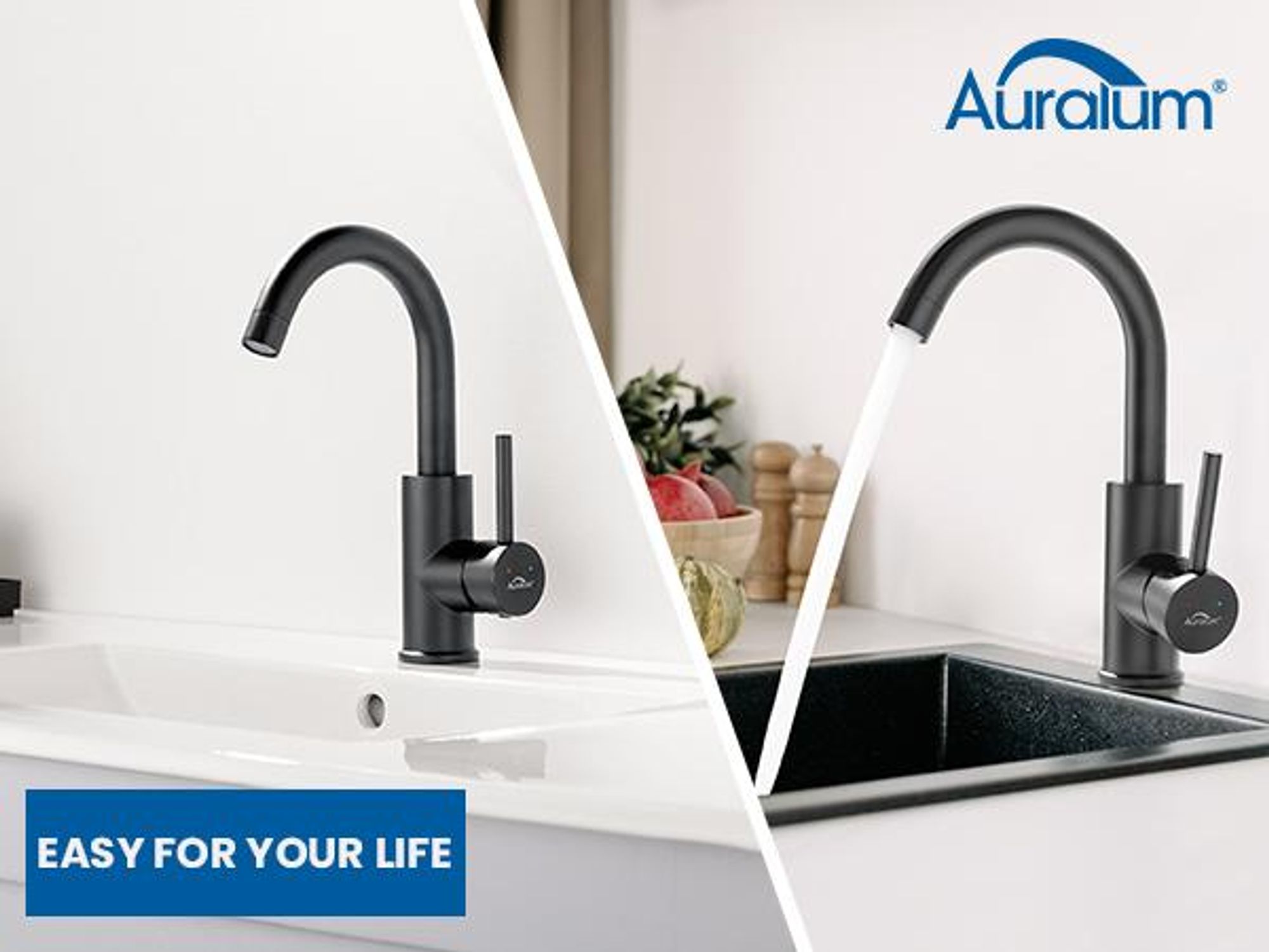 Waschtischarmatur 360° Drehbar Schwarz, Bleifrei Kalt Warm, Auralum MAX, Badarmatur Wasserhahn Bad, Mischbatterie Waschbeckenarmatur Schwarz