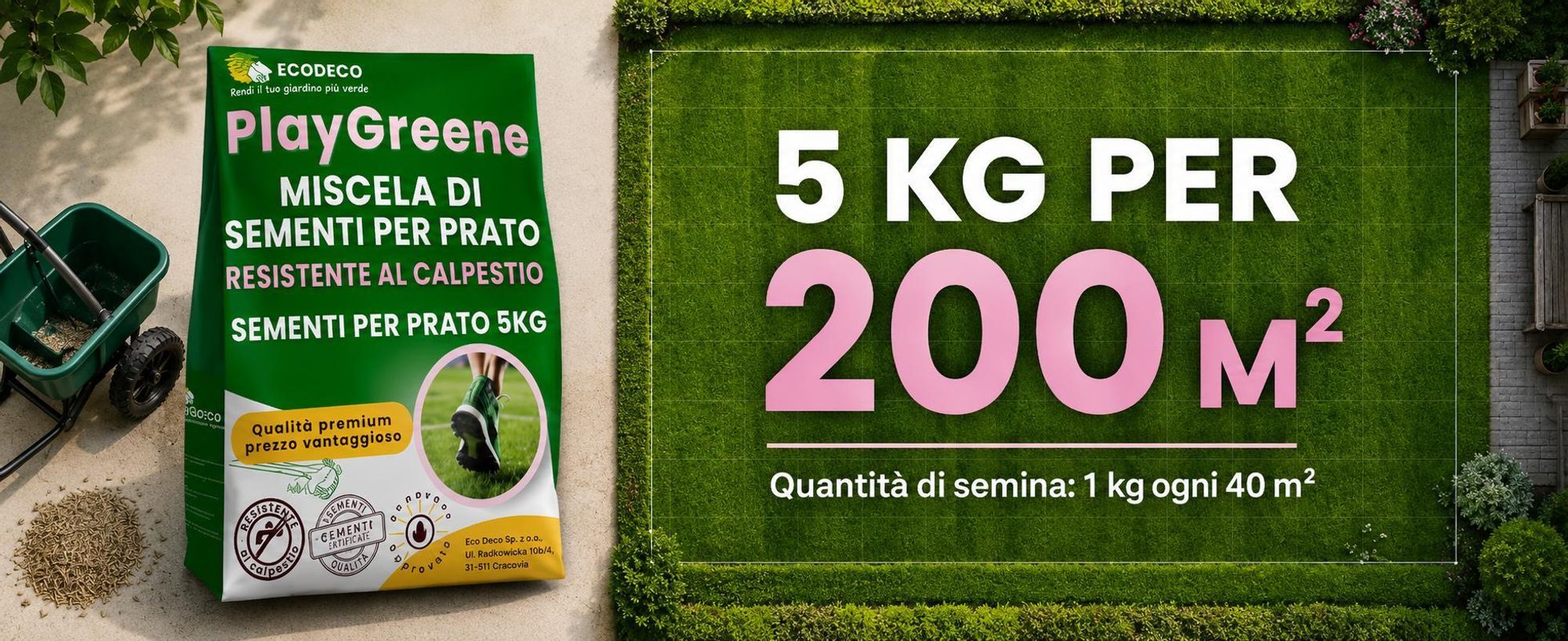 EcoDeco semi per prato, sementi per prato calpestabile resistente, miscela rigenerante e autoaddensante, 5 kg
