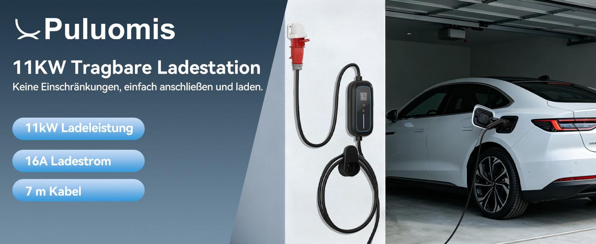Puluomis Mobile Wallbox 11kW Ladekabel 7m Typ 2/CCS, 2 in 1 EV Ladegerät mit CEE Adapter 3-phasig 8-16A einstellbar, IP65 wasserdicht, Timer, schwarz