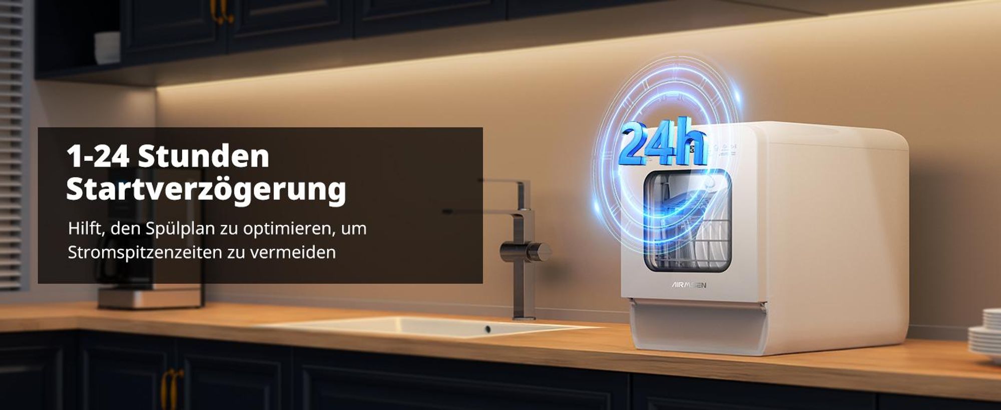 AIRMSEN Tischgeschirrspüler ECO-Modus,5L wassertank,9 Programme,Selbstreinigend, 1-24H Timer 5l, 4 Maßgedecke, Geeignet für Hausküchen, Wohnungen
