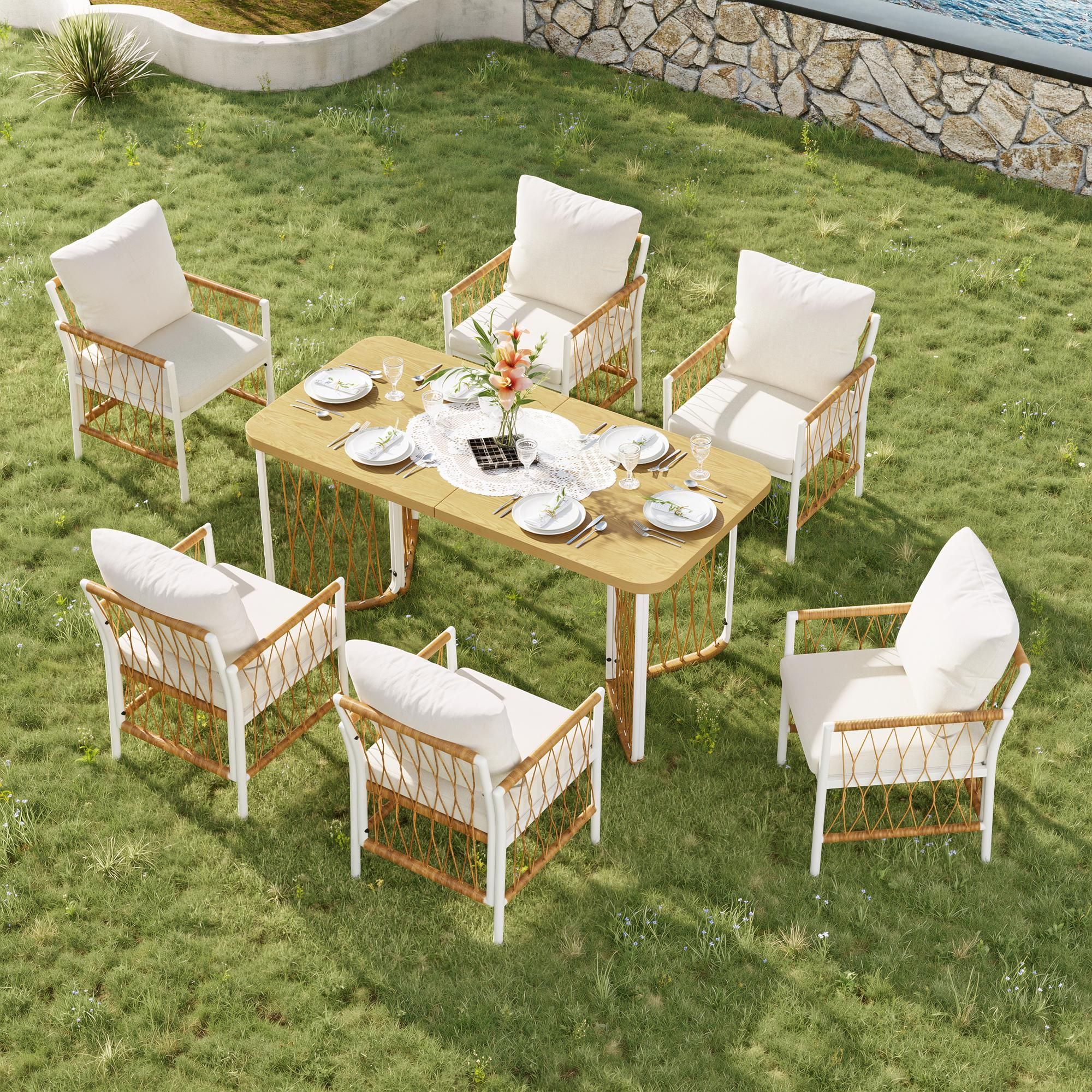 Flieks Gartenmöbel-Set 6 Sitzer, 6 Gartenstühle mit Esstisch, Gartenlounge-Set 7-tlg., Rattan Gartengarnitur Outdoor-Möbel-Sets, Beige