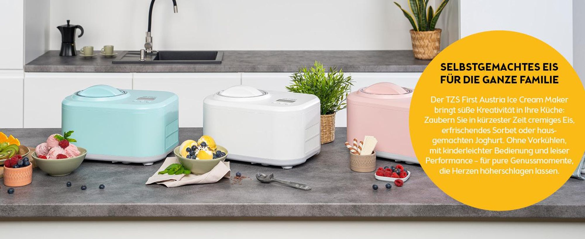 TZS First Austria - Eismaschine 1L 100W - mit Kompressor & Kühlhaltenfunktion - Türkis