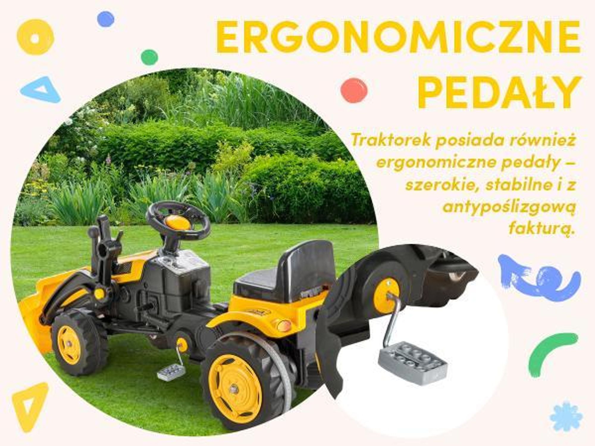 Duży żółty traktor na pedały z ładowarką