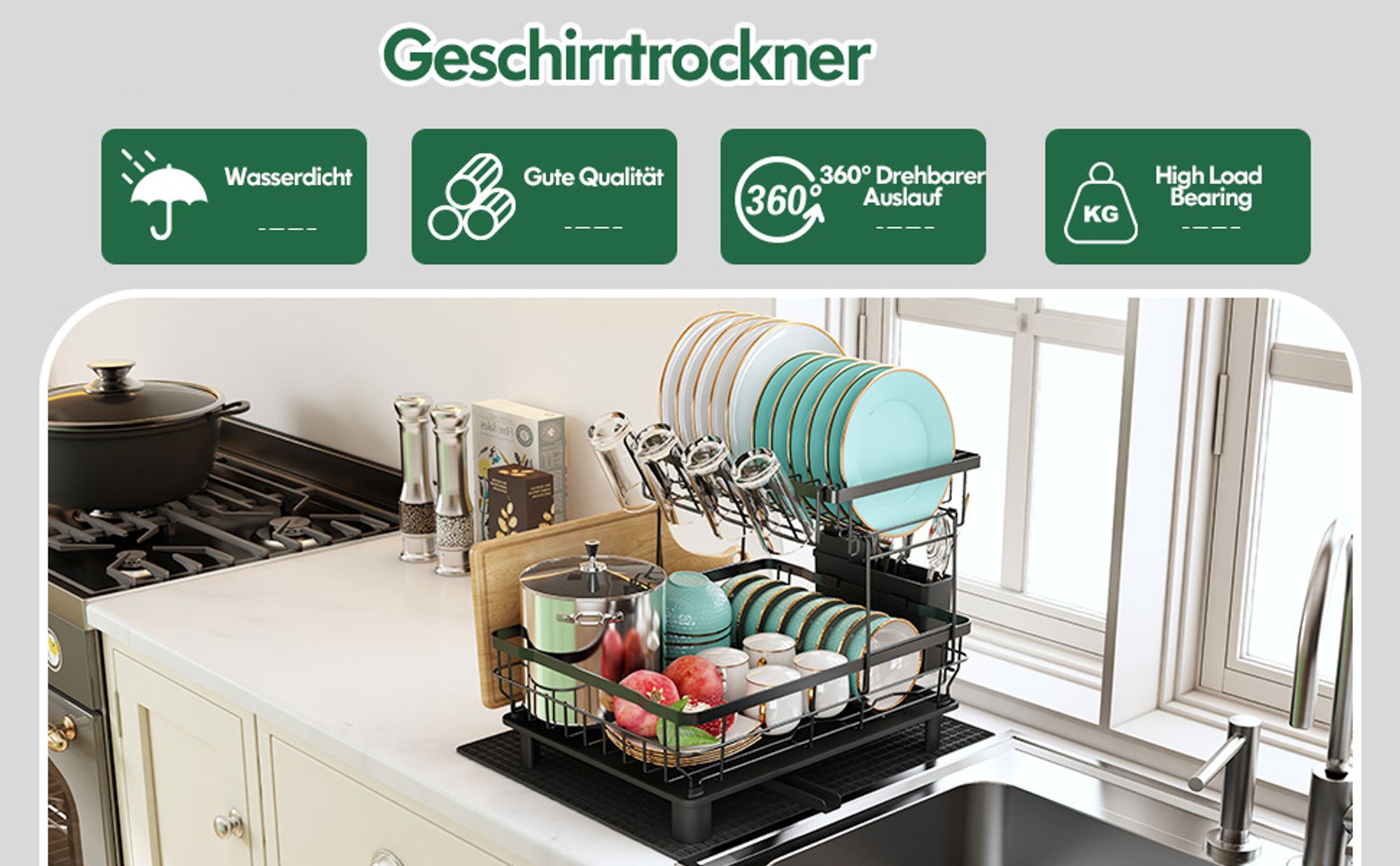 Abtropfgestell Geschirr, 2-Stufiges Geschirrabtropfgestell mit Abtropfschale und Abtropfmatte, Edelstahl-Abtropfgestell mit Utensilienhalter