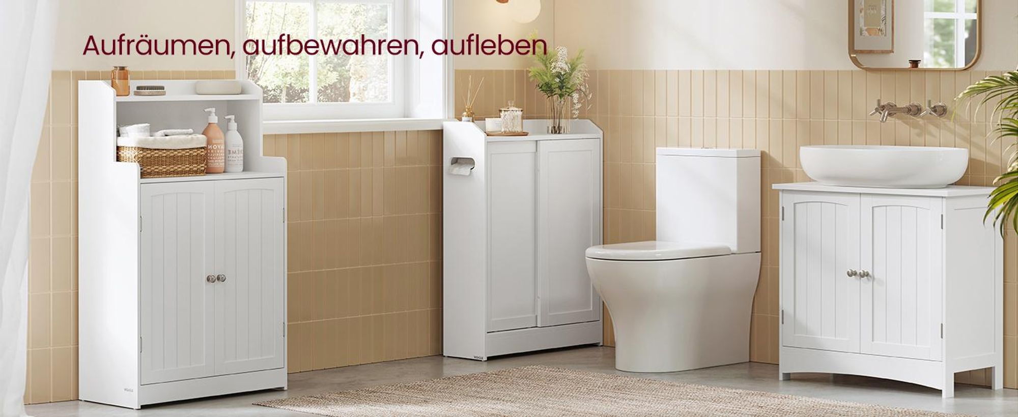VASAGLE Badezimmerschrank, Badschrank platzsparend, Toilettenrollenhalter, Toilettenbürstenhalter, Schiebetüren, verstellbare Einlegeböden