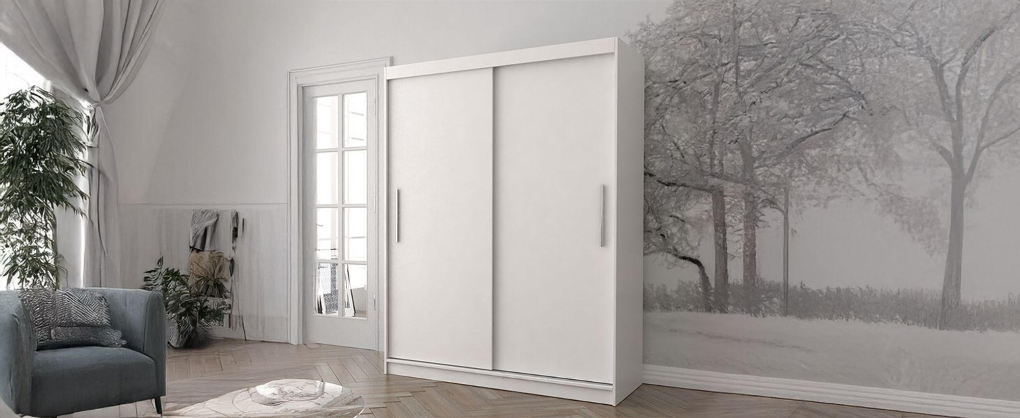 Schwebetürenschrank Kleiderschrank Schrank Garderobe  Vista 04 (Weiß/Weiß) 150cm
