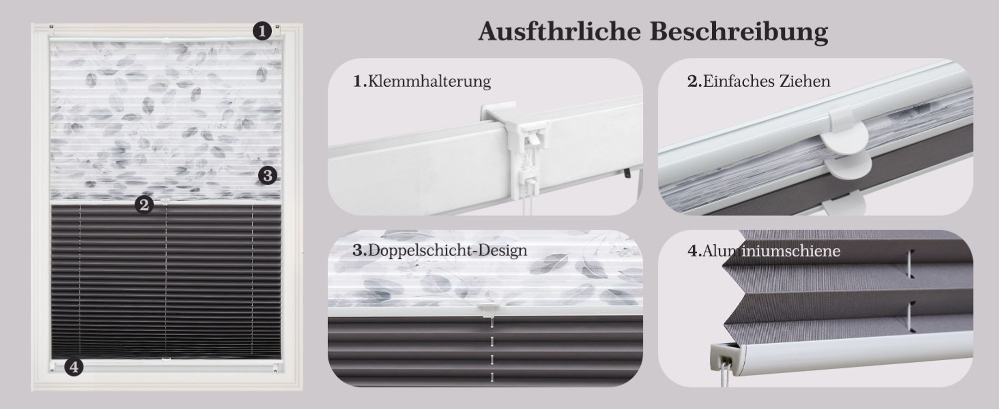 Plissee Ohne Bohren110x130cmPlisseerollo Klemmfix Doppelplissee Day+Night 100% Verdunkelung mit Lichtdurchlässig Ausbrenner-Muster Faltrollo Jalousie für Fenster