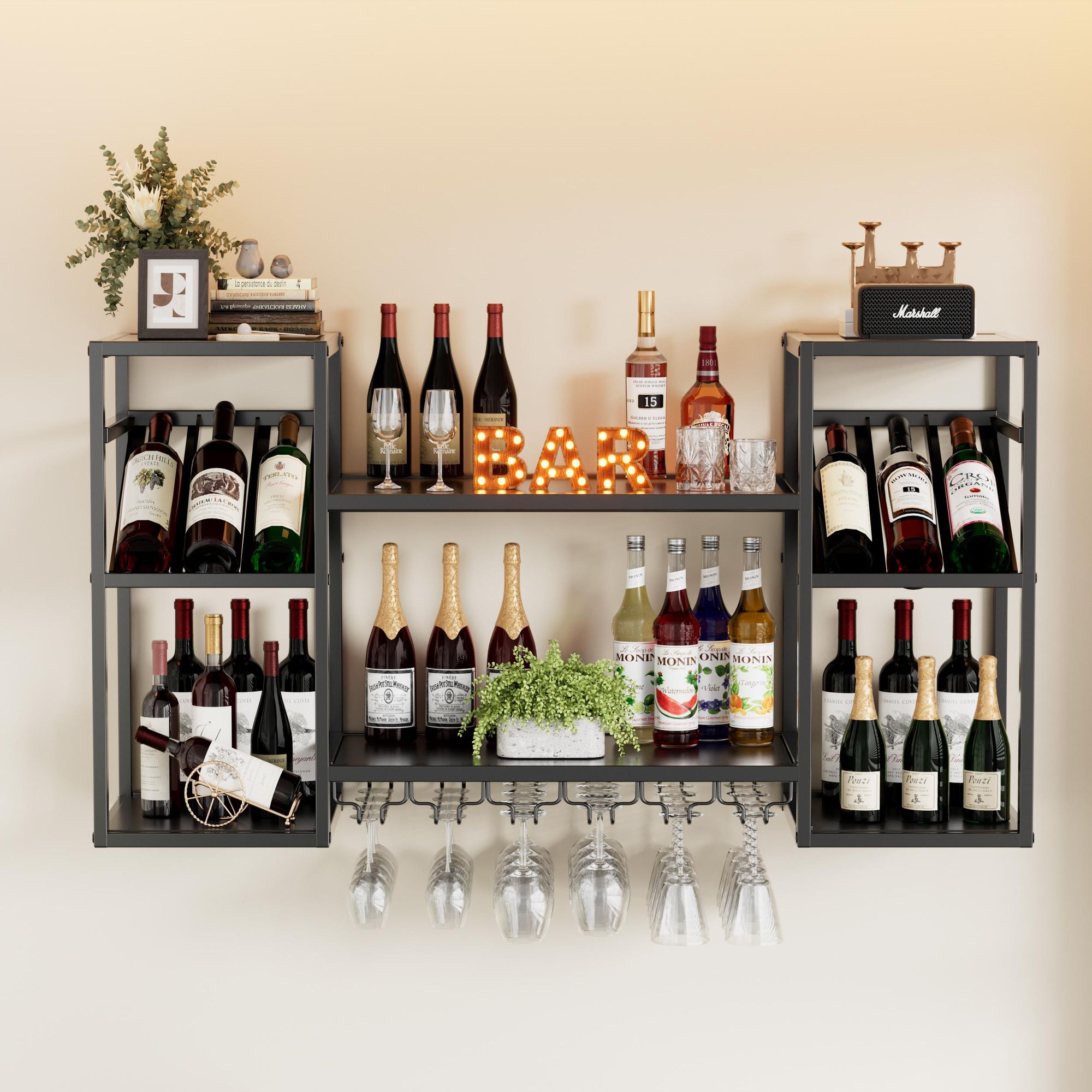 TWSOUL Weinregal Modernes Wand-Weinregal aus Metall mit 3 Ebenen und Glashalter Modernes Weinregal für Küche, Hausbar & Esszimmer, Schwarz