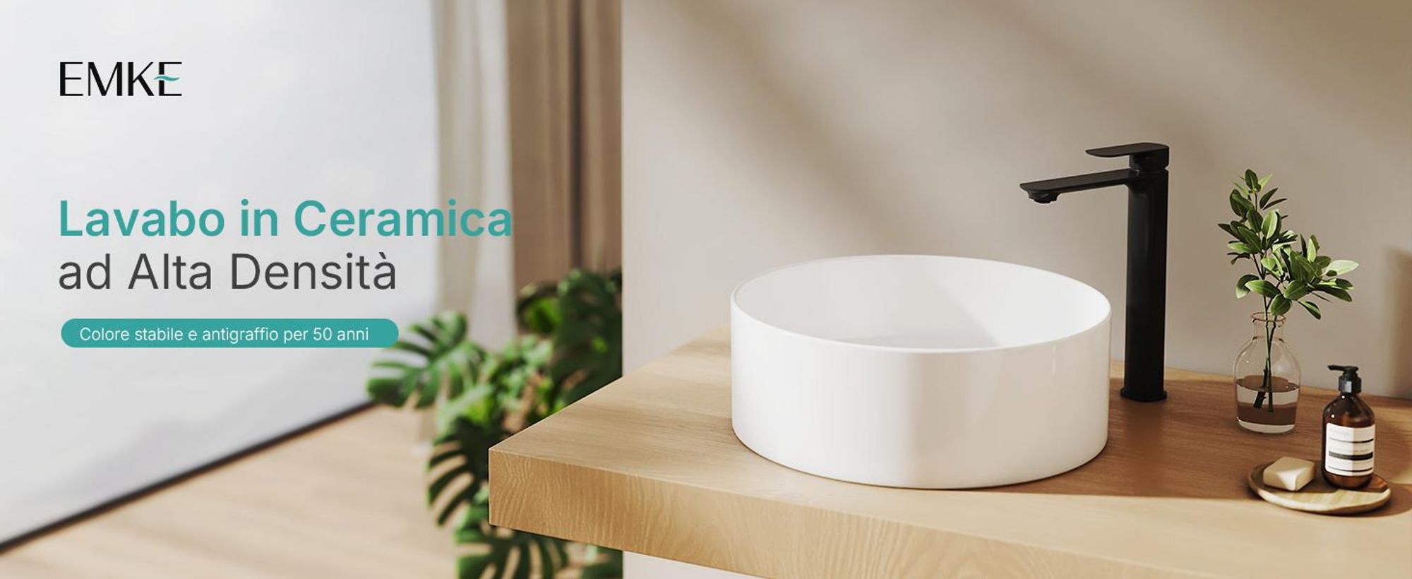 Lavabo da appoggio EMKE rotondo 352x352x112 mm in ceramica, smaltato bianco lucido, senza foro per rubinetto e troppopieno, design moderno per bagni eleganti