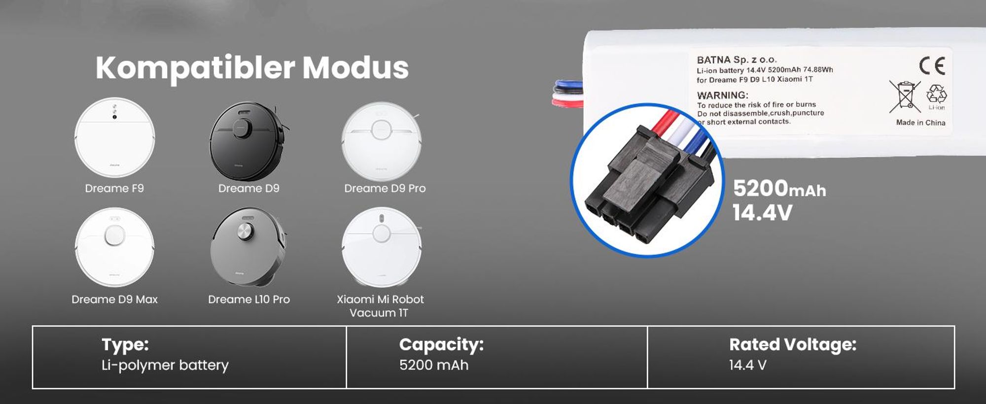 Extralink Akku für Staubsauger F9/D9/D9 PRO/D9 Max/L10 Pro Robot/Xiaomi 1T 14,4 V 5200 mAh