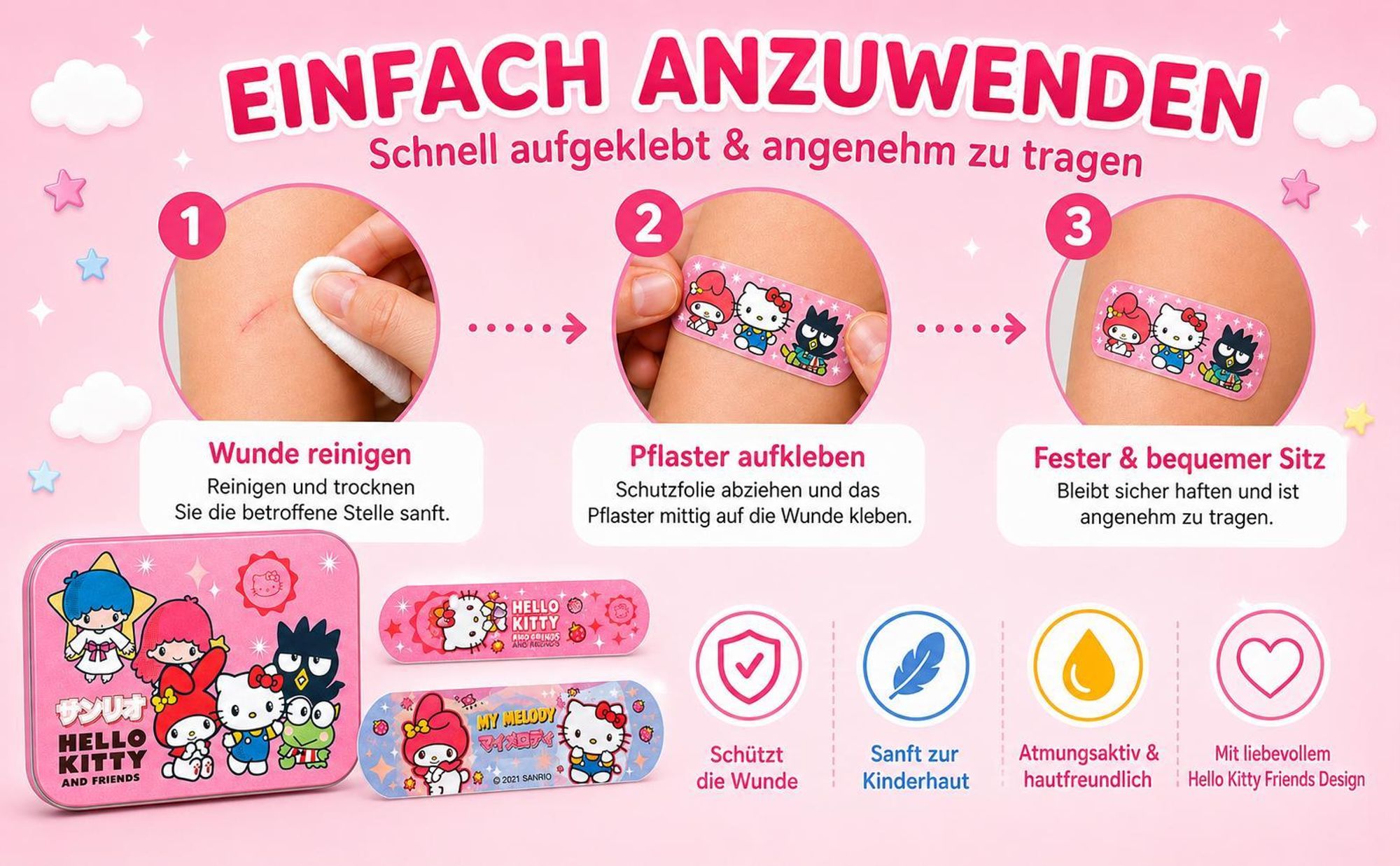 Hello Kitty Friends Kinderpflaster Lizensiertes Produkt - Metall-Box - 24 Pflaster - Schönes Design Pflaster Aufbewahrungsbox für Kinder - 1 Box