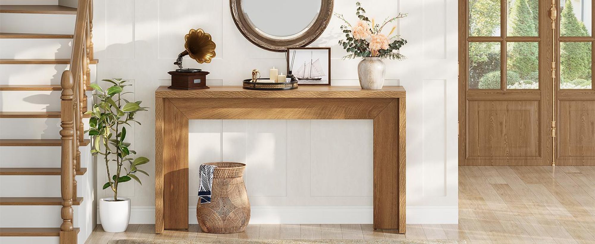 Tribesigns 140 cm Farmhouse table console, table basse en bois derrière le canapé avec espace de rangement, long support étroit de couloir salon, entrée, marron clair