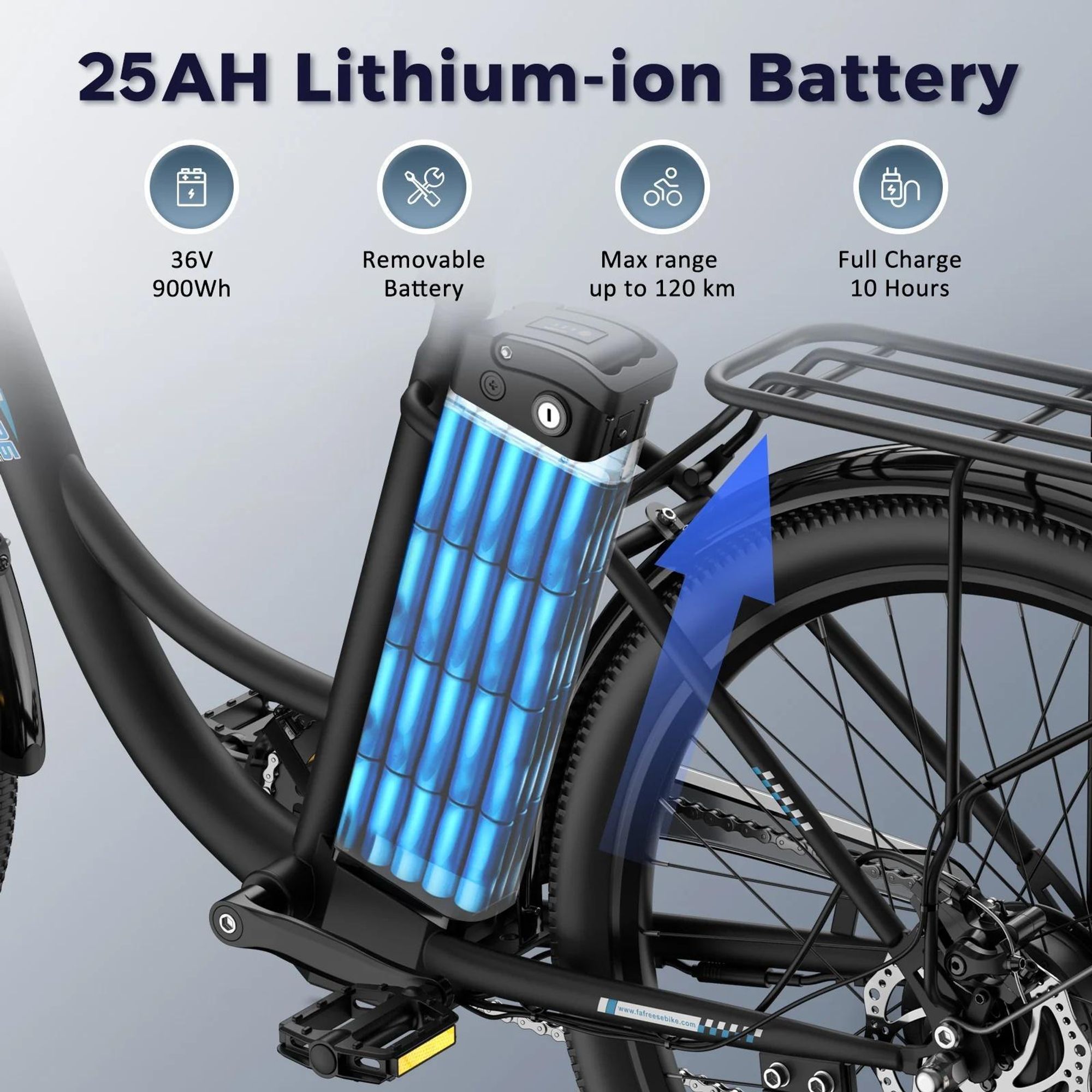 Elektrisches Fahrrad FAFREES F26 Lasting - Motor 250W Akku 36V25Ah 26x1.95 Zoll Reifen Mechanische Scheibenbremsen - Schwarz