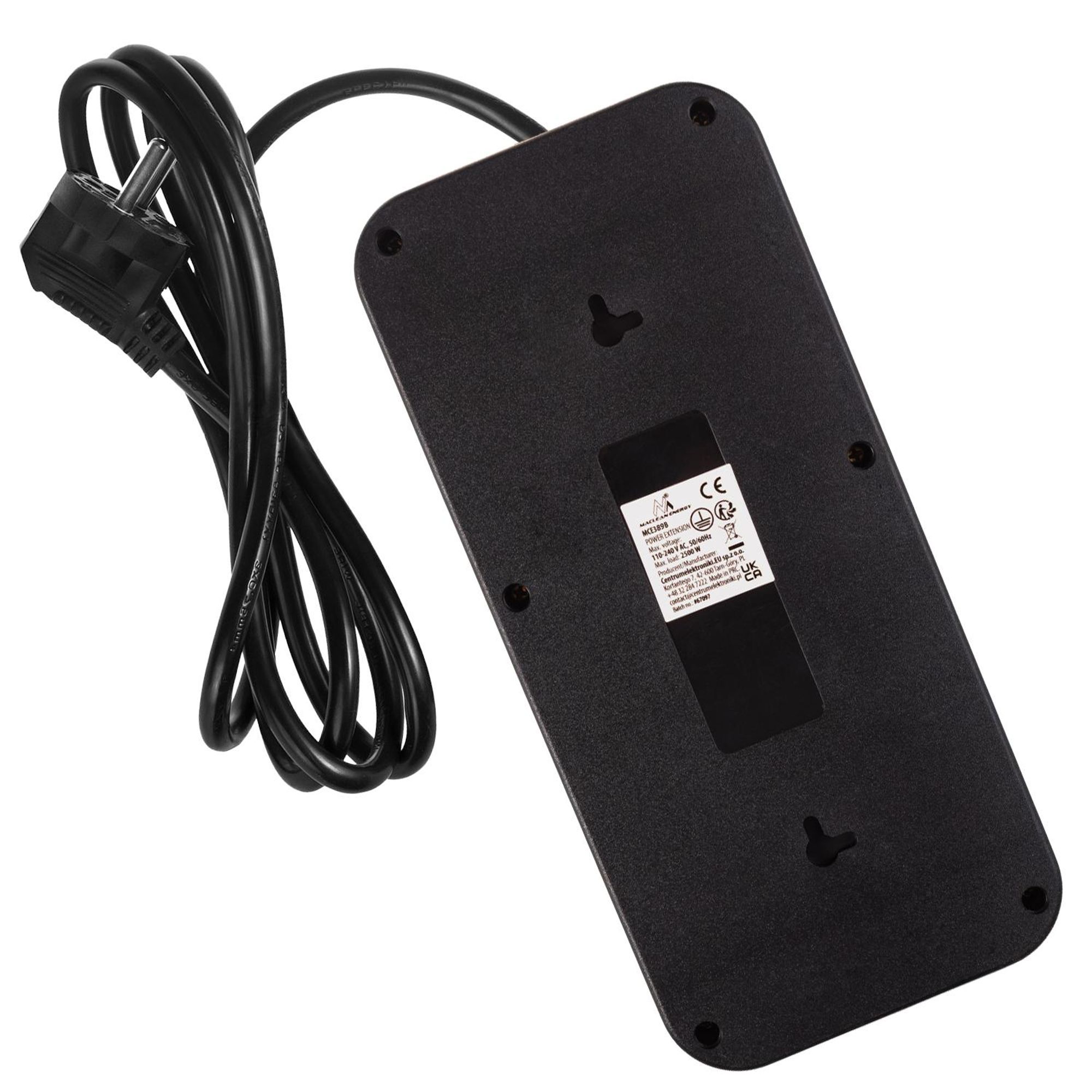 Maclean Steckdosenleiste 6-fach Verlängerungskabel + 4xUSB 110-240V AC 50/60Hz 2,1A max 2500W 1,5 m schwarz MCE389 B