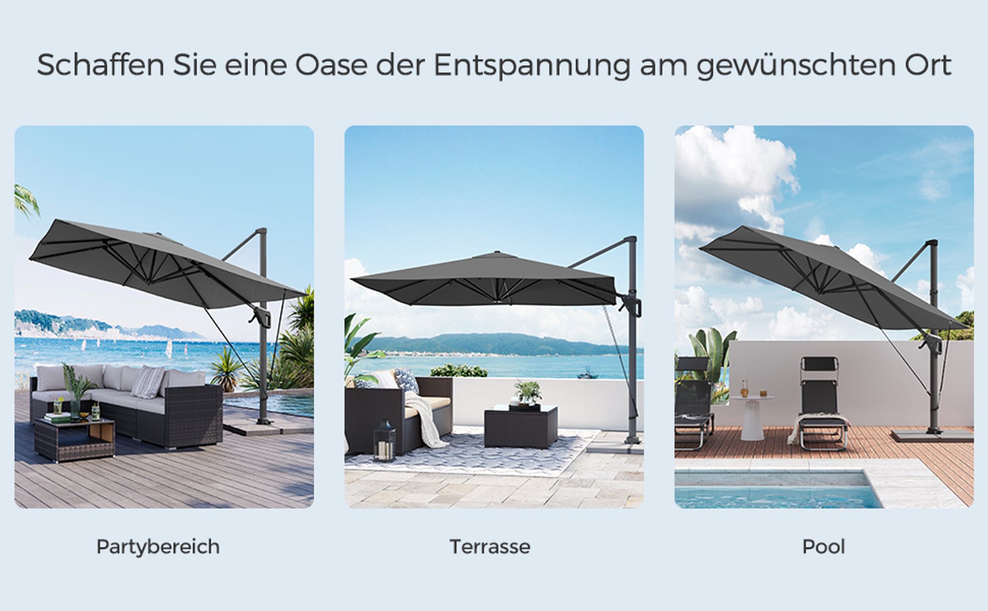 SONGMICS Sonnenschirm Ampelschirm 290 x 290 cm UPF 50+ mit Ständer um 360° drehbar