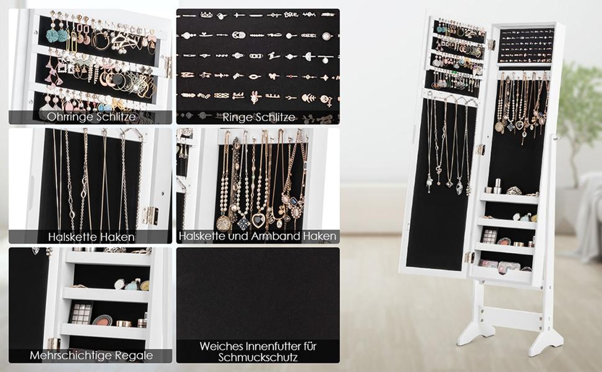 COSTWAY Schmuckschrank neigungsverstellbar, Schmuckregal mit Ganzkörperspiegel, Schmuck Spiegelschrank weiß
