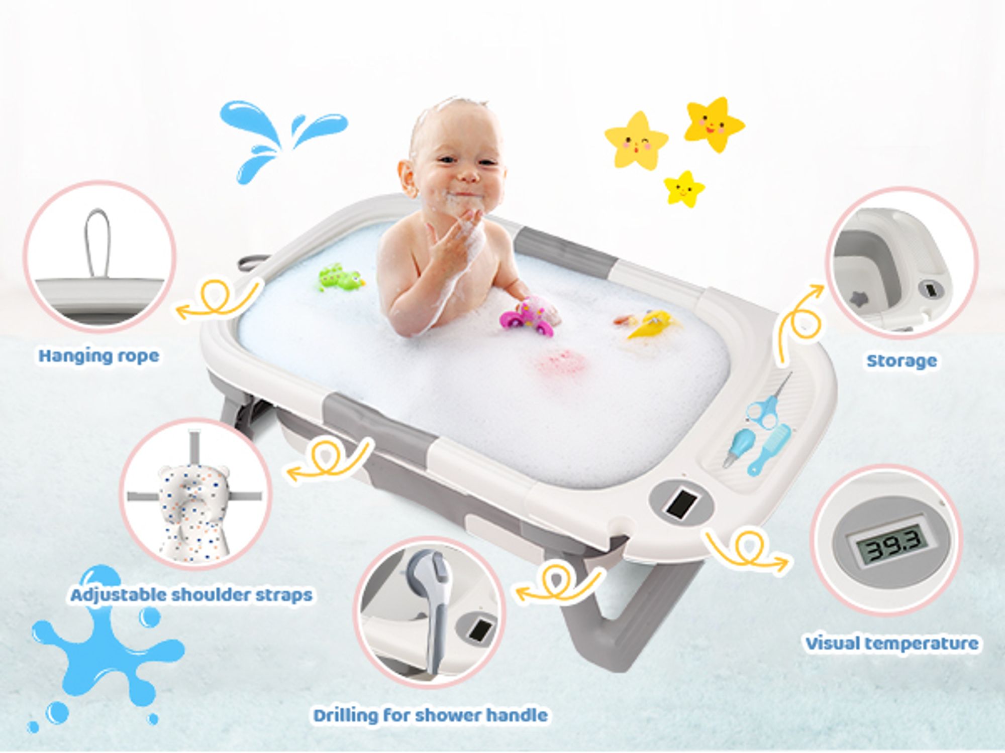 Faltbare Badewanne Baby Badewanne Faltbar mit Baby Badekissen und Thermometer, für Babys Von 0-36 Monaten, mit Baby Pflegeset, Tragbare Babywanne