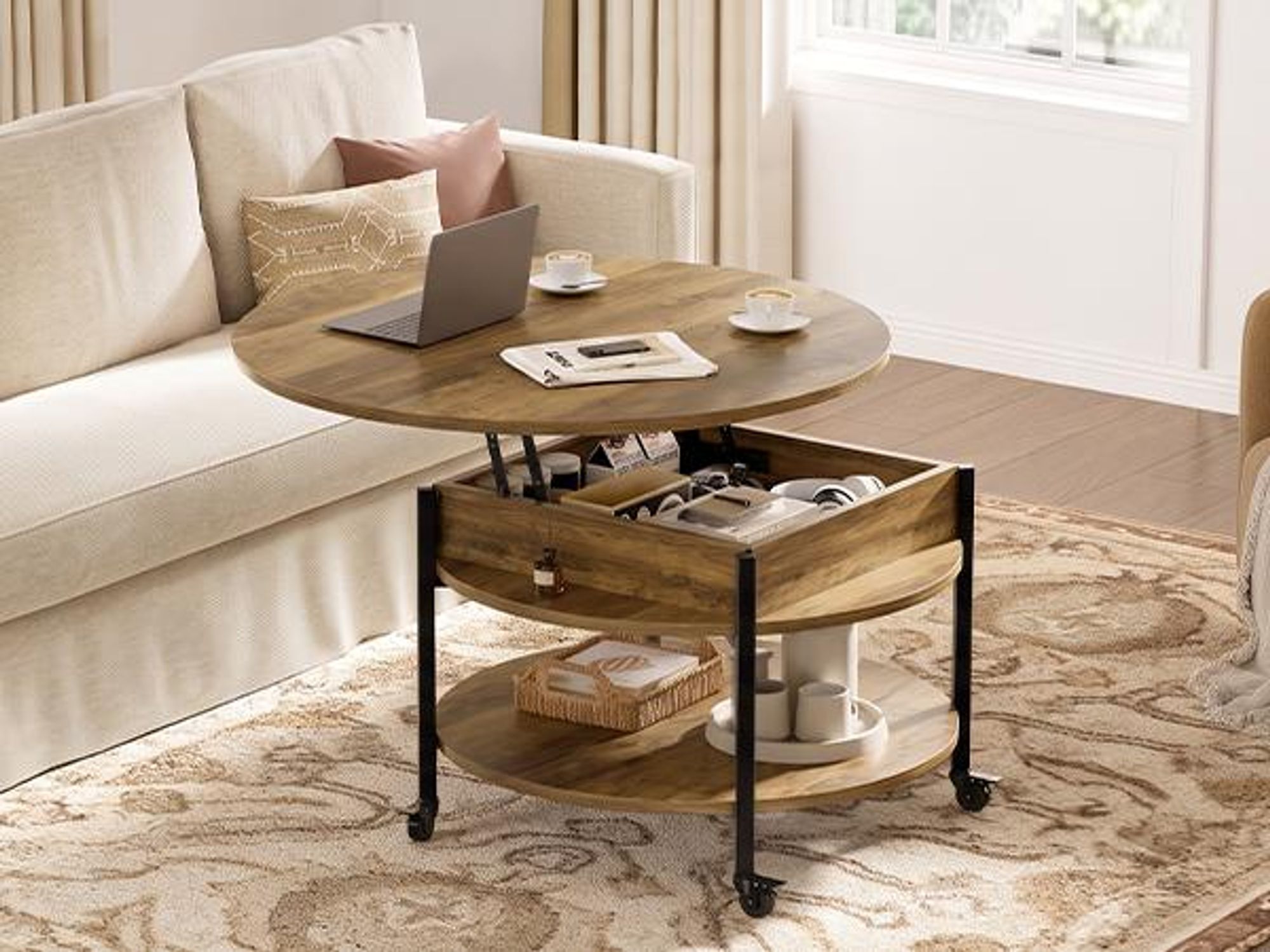 FABATO Runder höhenverstellbarer Couchtisch mit Rädern & Staufach – 26,77 Zoll (ca. 68 cm), 2-stufig, auch als Esstisch nutzbar, in Espresso