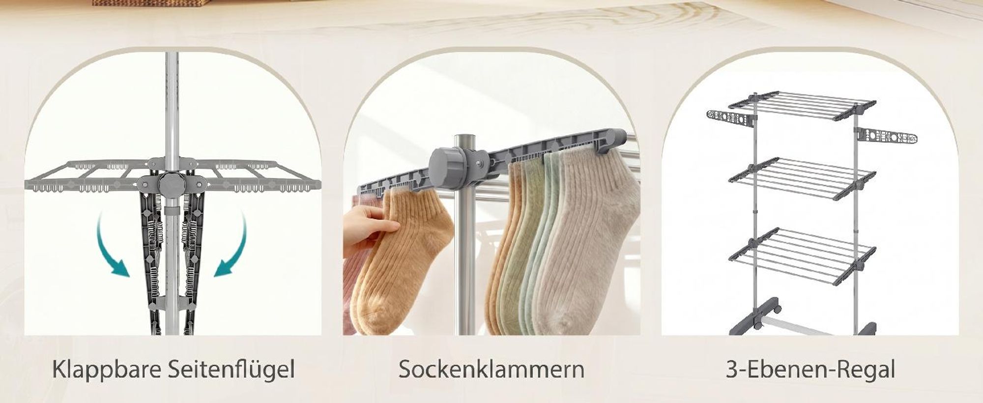 Mobiler Wäscheständer Wäschetrockner-Turm Seitenflügel auf 3/4 Ebenen Grau