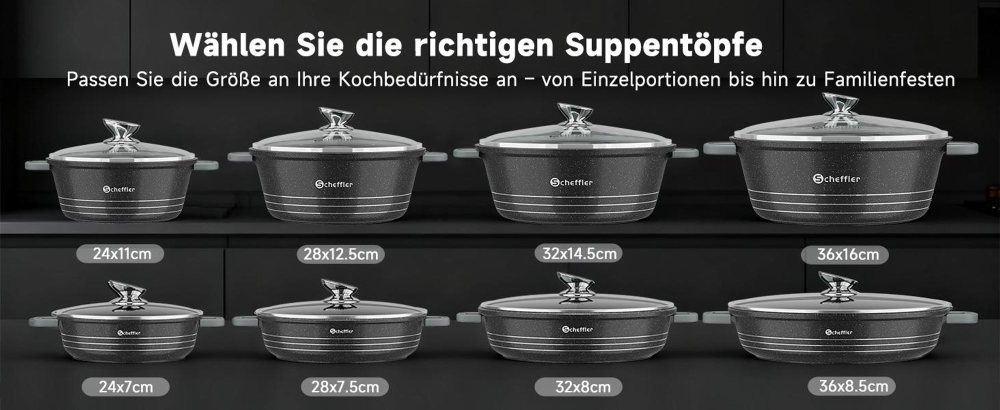Scheffler Servierpfanne Induktion, 24 x 7 cm Schmorpfanne aus Aluminiumguss, Pfanne Bratpfanne mit Marmor-Antihaftbeschichtung, Glasdeckel