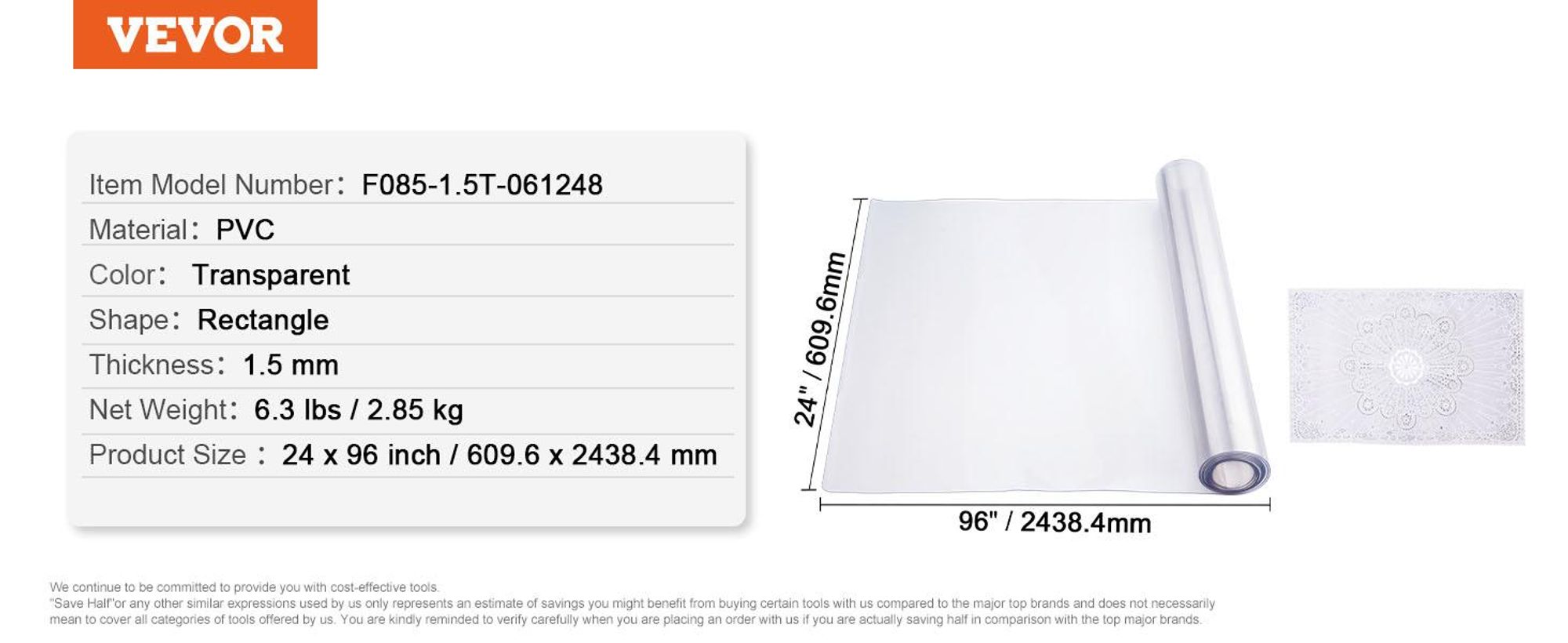 VEVOR Kunststofftischdecke, 42 x 96 Zoll 1,5 mm dicke klare Tischschutzmatte, rechteckige PVC-Schreibtischunterlage, wasserdicht & leicht zu reinigende Tischdecke, für Büromöbel Esstisch Nachttisch, 610x2430 mm, 1,5 mm-b