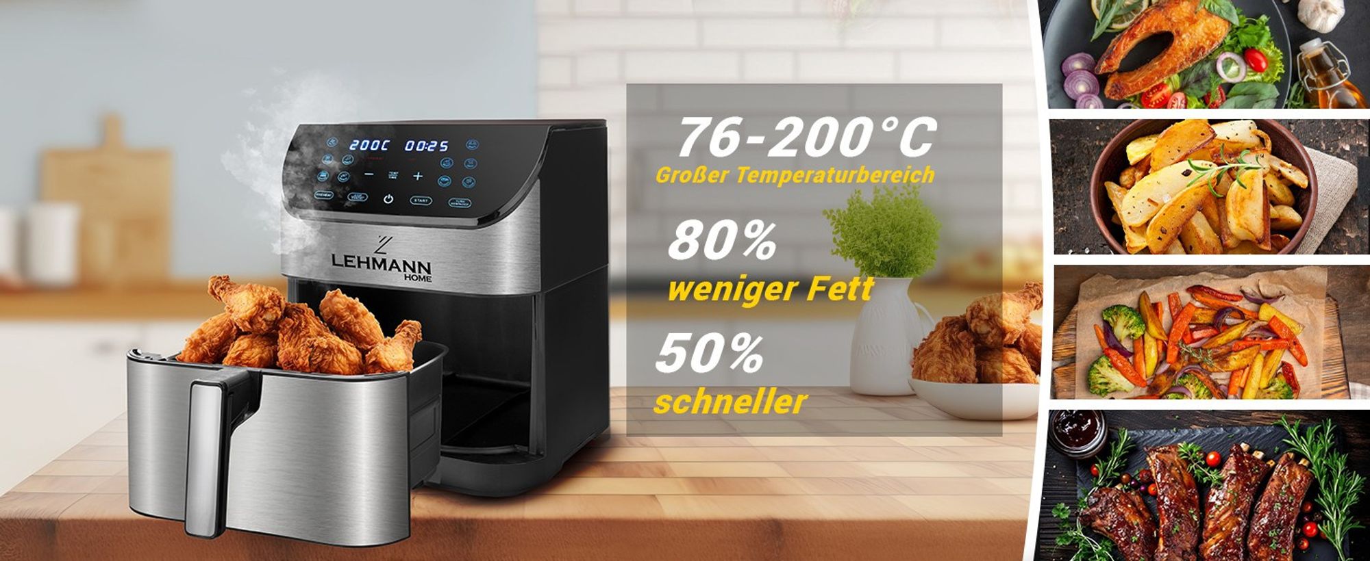 Lehmann Heißluftfritteuse 8 Liter XXL, 1800 W Friteuse Heissluft, Air Fryer mit 10 Programmen, gesunde Lebensmittel ohne Fett