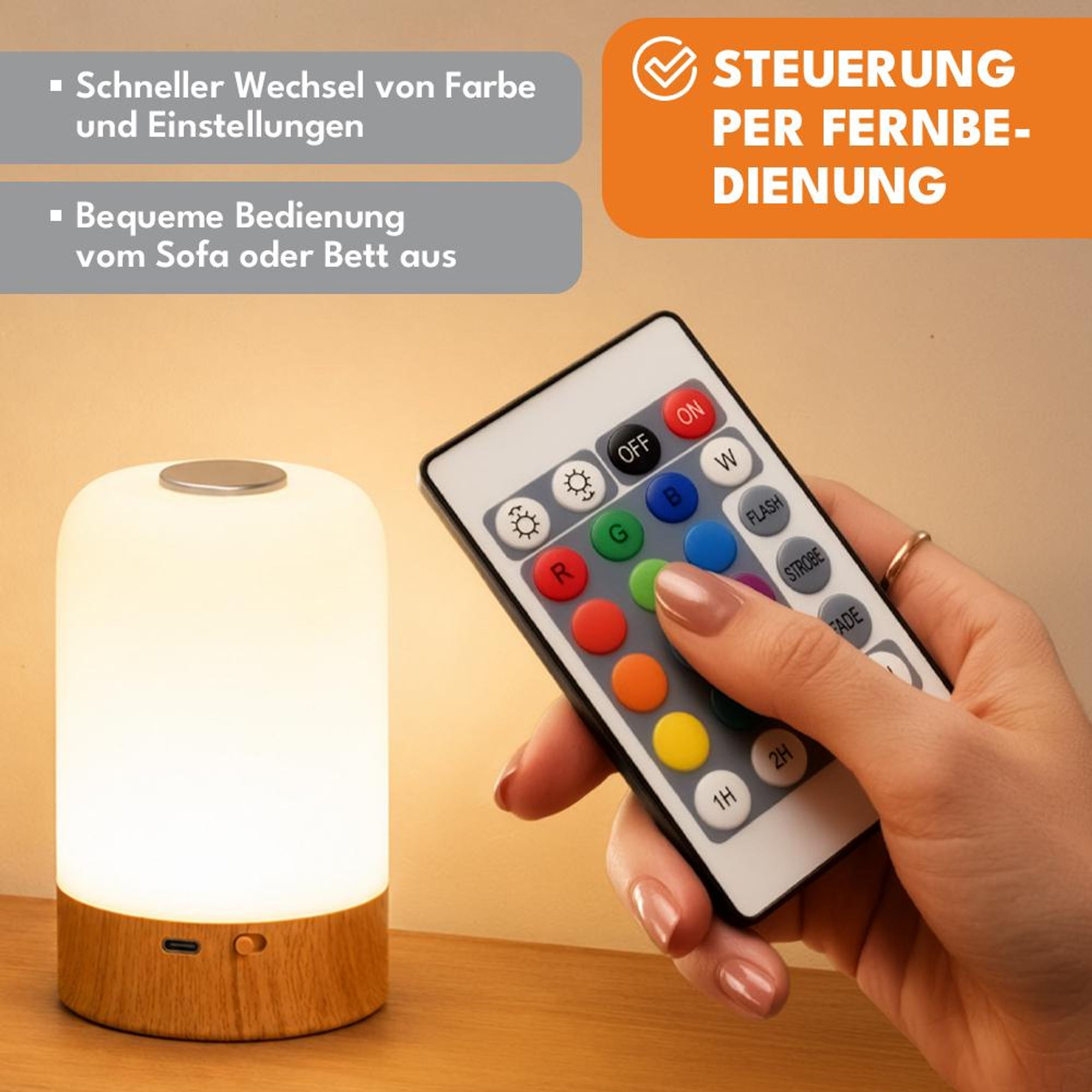 KRUMAD LED Tischlampe mit 13 Farben, Nachtlicht, Touch Steuerung und Fernbedienung, Holzoptik, dimmbare Nachttischlampe USB für Schlafzimmer