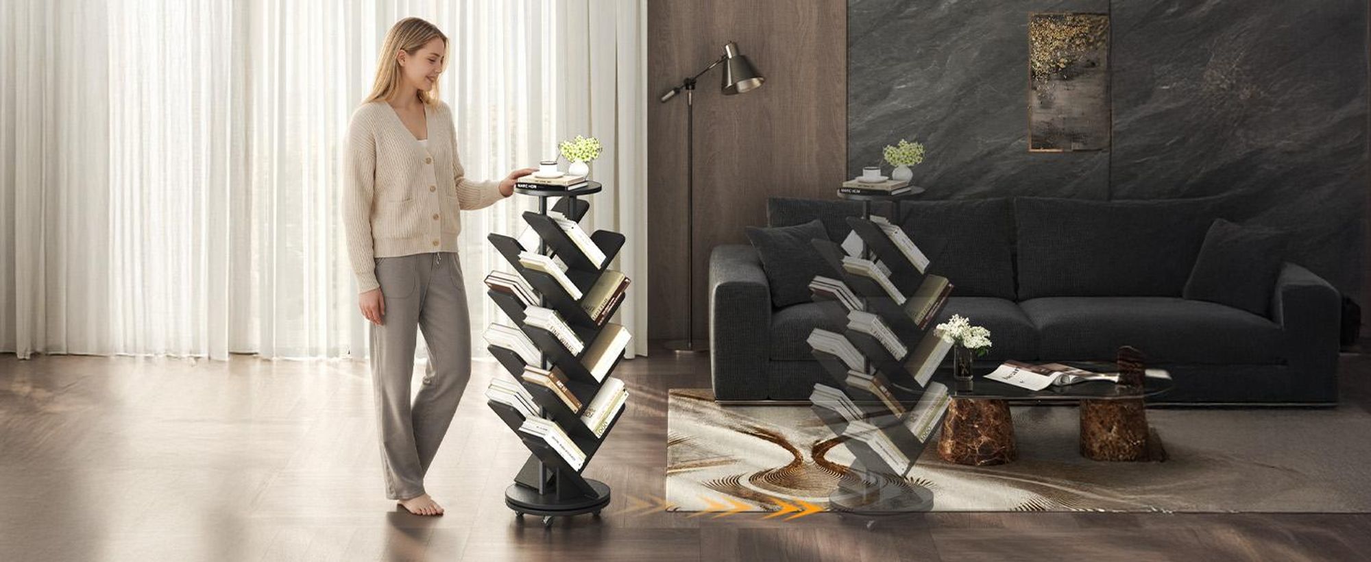 Drehbares Baum-Bücherregal Standregal Dekoregal mit 17 Ablagen, 360° Rotation, Lenkrollen mit Bremsen, Platzsparendes Standregal für Wohnzimmer Büro