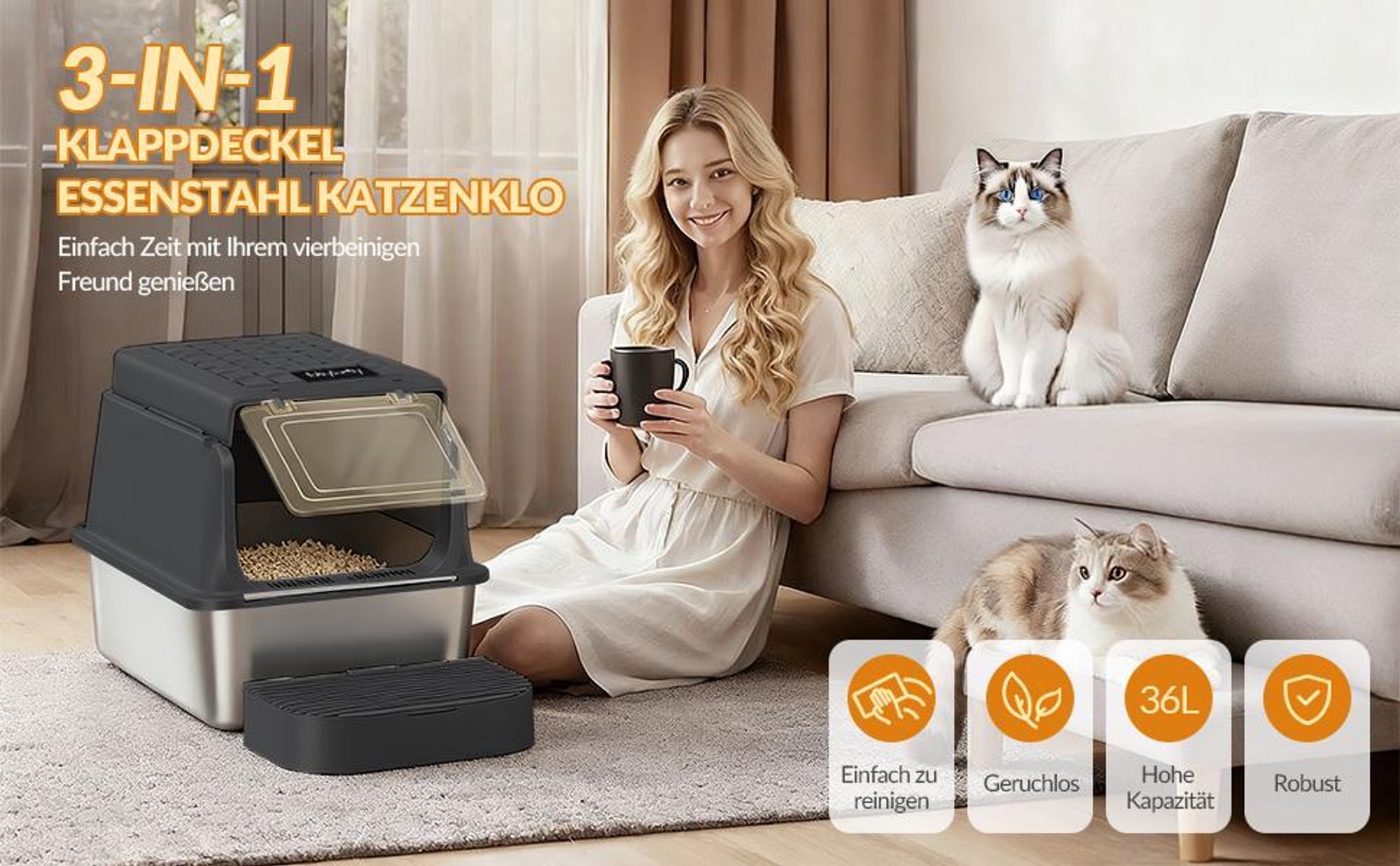 Katzenklo Edelstahl, XXL Katzentoilette, Schwarz Geschlossene Groß Katzenklo, mit Schaufel und Fußstufe, 120° Klappdeckel, Herausnehmbar